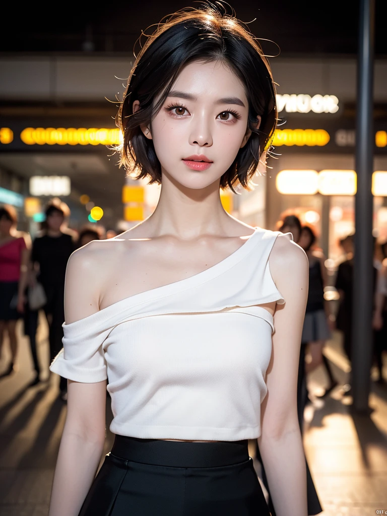 (1 cute Korean star), ((Best quality, 8k, Masterpiece: 1.3)), Focus: 1.2, Perfect Body Beauty: 1.4, (night, Street:1.3), Highly detailed face and skin texture, Fine eyes, Double eyelids, Whitened skin, (Layered short hair: 1.3), (Single shoulder skirt: 1.6)