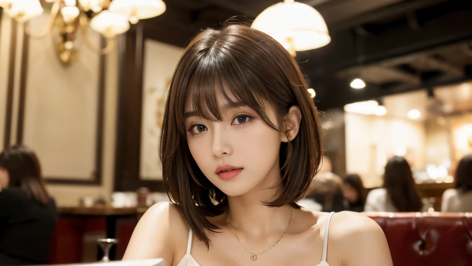 (masterpiece, Very detailed, Very detailed, Exquisite, 16k, Confused), woman, 19 years old, glamorous, (Suppin breeze:1.4), Looking at the audience, short hair, Messy Hair, Diagonal bangs, brown hair, Brown eyes, Upper Body, Cinema Lighting, Blurry background in focus, inside a stylish cafe, Urban Cafe