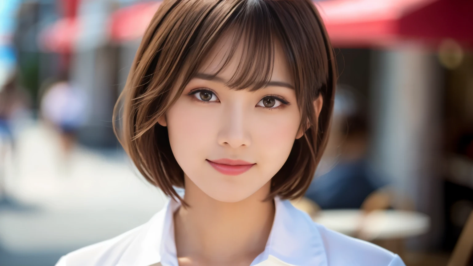 Product quality, Upper Body Shot, Front view, inside a stylish cafe, 1 girl, Young and beautiful Japan woman, Short Bob Hair, Very cute face, glamorous, I wear a satin silk white shirt with short sleeves and long sleeves with a collar, The cafe is full of smiles, glossy lips, Double eyelids on both eyes, Natural Makeup, Long eyelashes, Shiny and smooth light brown hair, Asymmetrical bangs, Sunburned skin, Center image, High resolution, Attention to detail, Detailed hairstyle, Detailed face, Cinema Lighting, Surreal, Perfect body,20-year-old