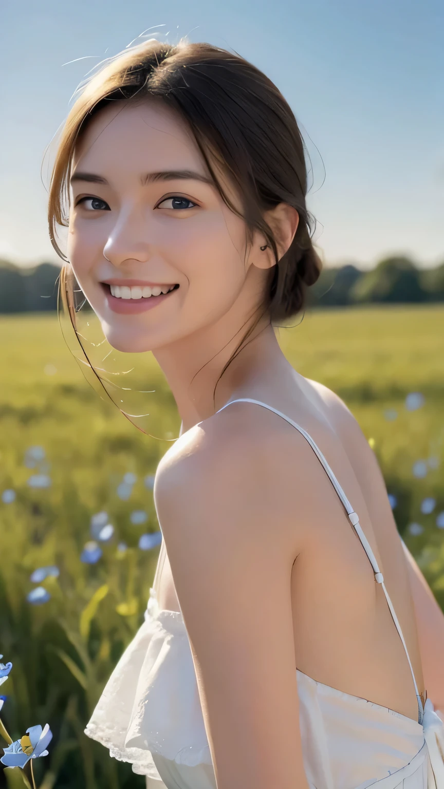8k, highest quality, masterpiece, Realistic, Super detailed, photo Realistic, Improvement of quality, 
A photo of a girl in a white dress standing in a field of nemophila, Good style, Photobash, Calm face, Show me your white teeth, The best smile, Natural Beauty, Close-up shot,Looking back,Squint your eyes and smile
