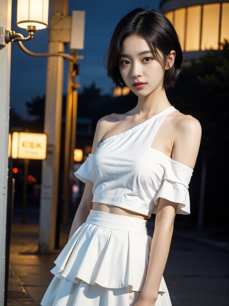 (1 cute Korean star), ((Best quality, 8k, Masterpiece: 1.3)), Focus: 1.2, Perfect Body Beauty: 1.4, (night, Street:1.3), Highly detailed face and skin texture, Fine eyes, Double eyelids, Whitened skin, (Layered short hair: 1.3), (Single shoulder skirt: 1.6)