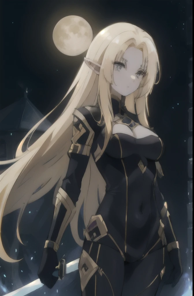 1 girl, golden hair, elf, white skin, in a black slime suit, at night, with a full moon, with a sword, beautiful, majestic, 4k, good body