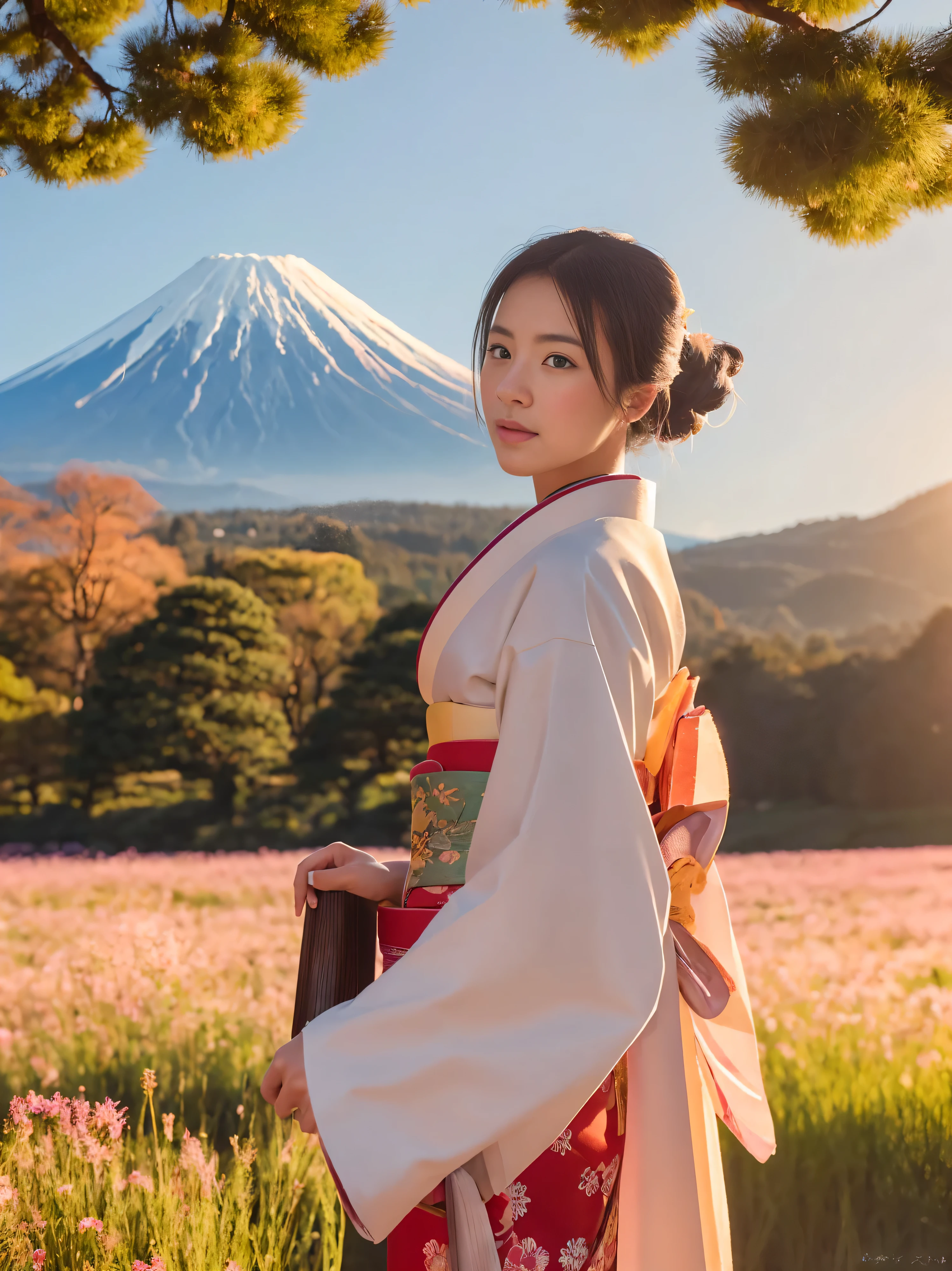 ((Half body Portrait of Beautiful Young Japanese Woman )), (( Traditional kimono outfit)), High-class Lady,( Meiji Fashion Style),(( Vintage Color Photo)),((Outdoor photography in a beautiful meadow)) (( In the background is Mount Fuji with snow covering the top.)), ((Good weather and Bright clear sky above)), Soft shadows Super-Resolution, Megapixel, ProPhoto RGB, VR, Spotlight, Frontlight, Halfrear Lighting, Backlight, Rim Lights, Rim Lighting, Artificial Lighting, Natural Lighting, Incandescent,The images are very realistic.,documentary photography, Photos for advertising,fashion for travel,Japan