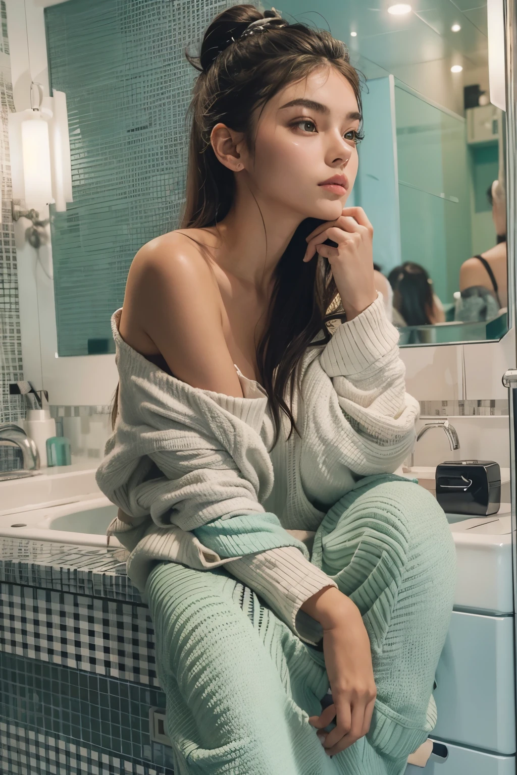 Araped woman with pulled back hair, Mint-colored, stylish bathroom, Madison Beer, without makeup, Profile picture, Use Instagram Filters, Subtle soft and dim light,  perfect face, julia sardinian, perfect hands, Random Actions, Full-body view, 