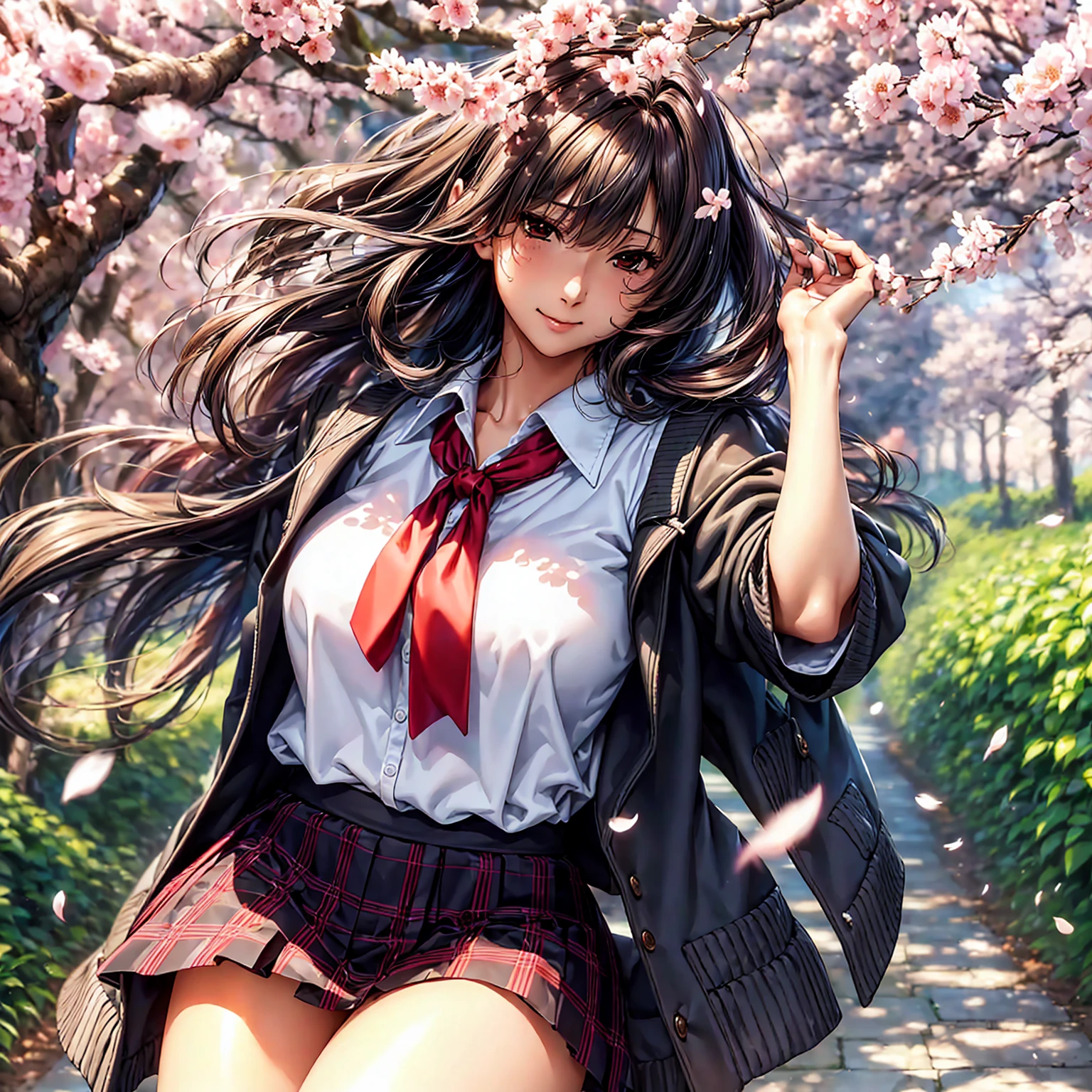 (((highest quality、masterpiece、Very high resolution、High-definition images)))、Beauty Painting、Realistic portraits、One strong, beautiful woman:18-year-old、Beautiful body:Slender, beautiful breasts and beautiful legs、Beautiful Face:smile、eyes with strong will,Beautiful Hair、best skin and hair texture,Realistic skin texture,realistic hair texture、(High School Uniform:White blouse:ribbon:cardigan:Black blazer:Red checkered pleats)、Beautiful cherry blossoms並木の道、Beautiful cherry blossoms、Beautiful sky、Natural light、Beautiful viewodel pose、Beautiful pose:、Model shoot、Gravure photoshoot、(((The wind is blowing))),Accurate Images:1.5、Accurate ???????:1.5、Flawless images、Perfect image、Overall image、(Best Shot、Raw photo、Photorealistic)
