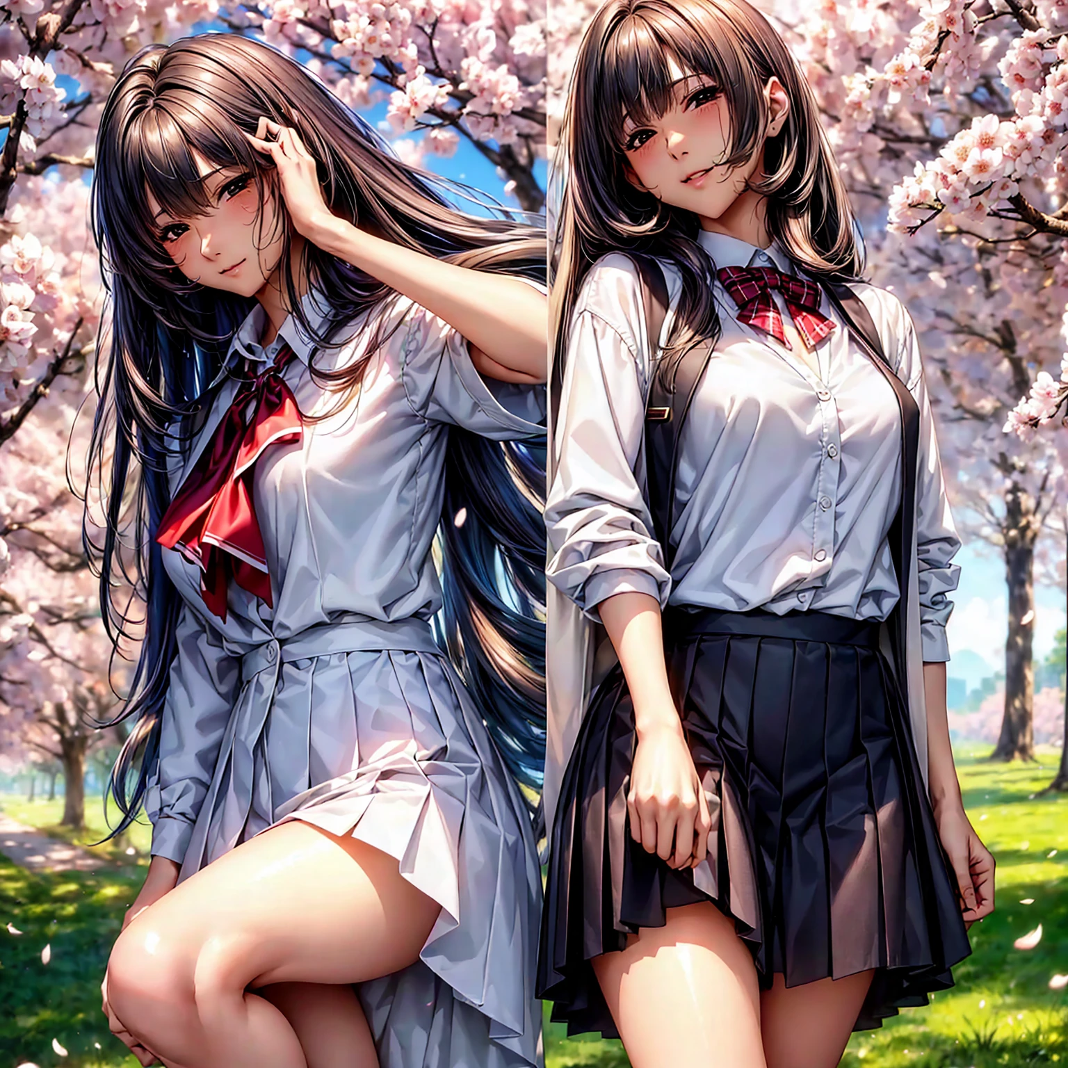 (((highest quality、masterpiece、Very high resolution、High-definition images)))、Beauty Painting、Realistic portraits、One strong, beautiful woman:18-year-old、Beautiful body:Slender, beautiful breasts and beautiful legs、Beautiful Face:smile、eyes with strong will,Beautiful Hair、best skin and hair texture,Realistic skin texture,realistic hair texture、(High School Uniform:White blouse:ribbon:cardigan:Black blazer:Red checkered pleats)、Beautiful cherry blossoms並木の道、Beautiful cherry blossoms、Beautiful sky、Natural light、Beautiful viewodel pose、Beautiful pose:、Model shoot、Gravure photoshoot、(((The wind is blowing))),Accurate Images:1.5、Accurate anatomy:1.5、Flawless images、Perfect image、Overall image、(Best Shot、Raw photo、Photorealistic)