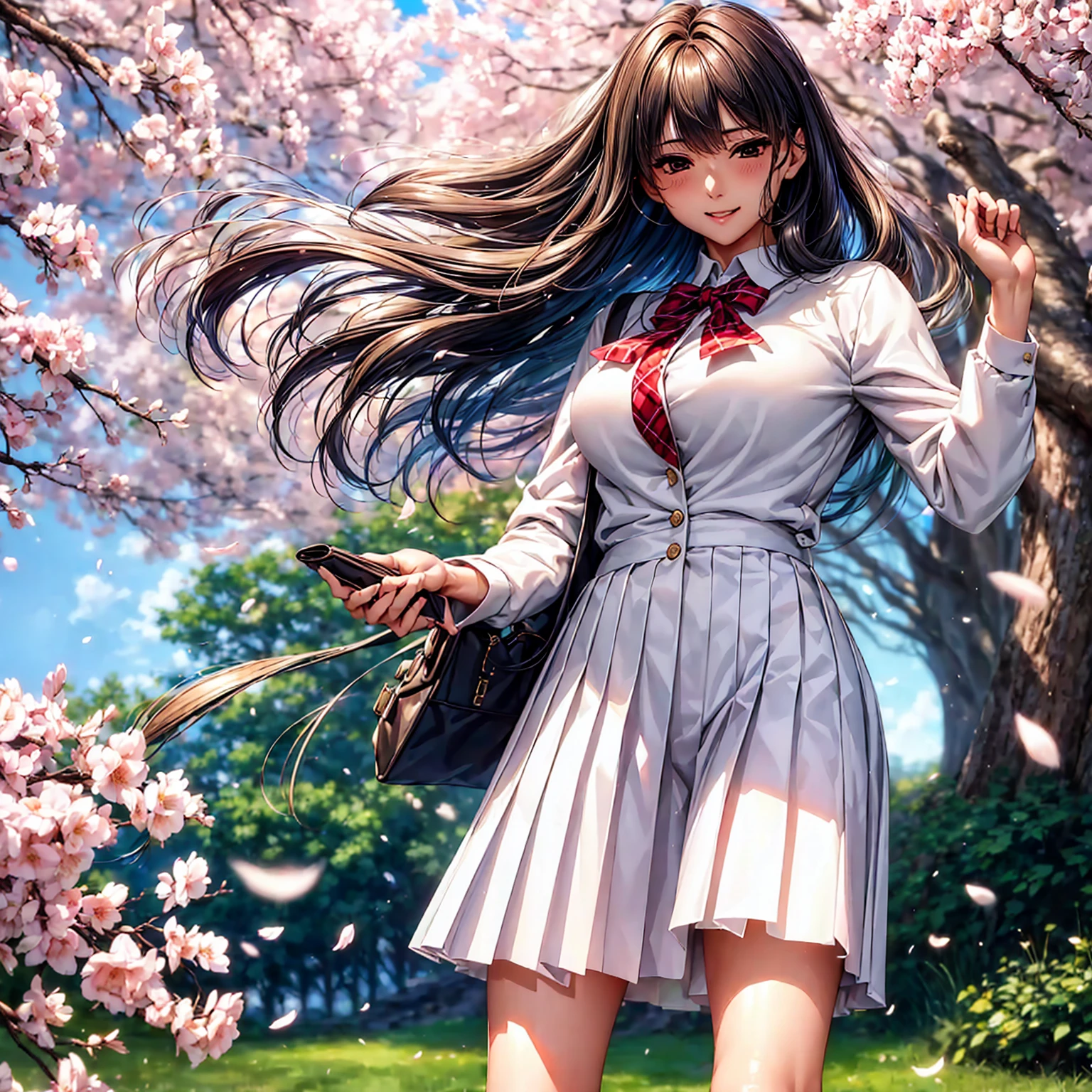 (((highest quality、masterpiece、Very high resolution、High-definition images)))、Beauty Painting、Realistic portraits、One strong, beautiful woman:18-year-old、Beautiful body:Slender, beautiful breasts and beautiful legs、Beautiful Face:smile、eyes with strong will,Beautiful Hair、best skin and hair texture,Realistic skin texture,realistic hair texture、(High School Uniform:White blouse:ribbon:cardigan:Black blazer:Red checkered pleats)、Beautiful cherry blossoms並木の道、Beautiful cherry blossoms、Beautiful sky、Natural light、Beautiful viewodel pose、Beautiful pose:、Model shoot、Gravure photoshoot、(((The wind is blowing))),Accurate Images:1.5、Accurate anatomy:1.5、Flawless images、Perfect image、Overall image、(Best Shot、Raw photo、Photorealistic)