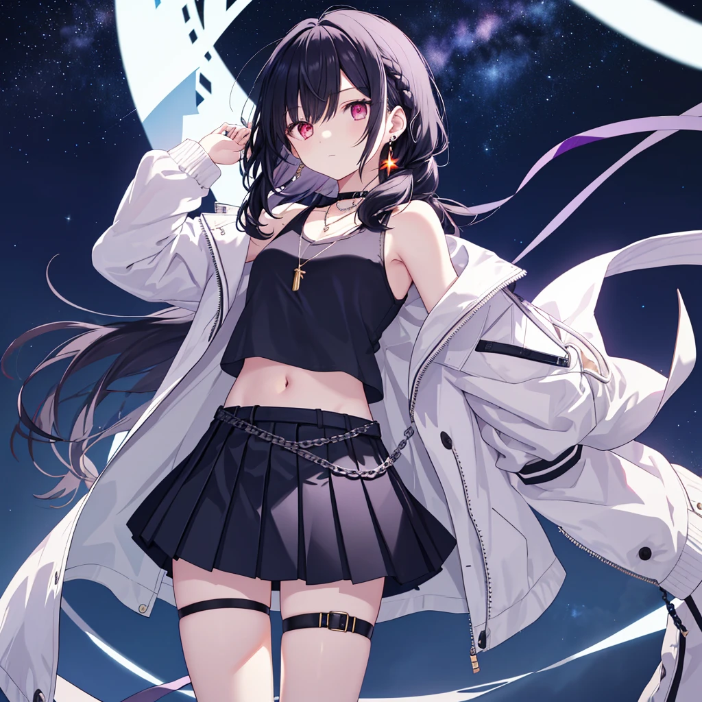1 girl, solo, skirt, dwarf, navel, stomach, shirt, necklace, mini skirt, sleeveless, jacket, jewelry, earrings, thighs, braid, belt, standing, sky, undershirt, night, chain, sideburns, expressionless, thighs, long hair, crop top , sleeveless shirt, shoulders, bare shoulders, look at the audience, spaghetti band, denim lens, pleated skirt, white jacket, very long hair, white shirt, open jacket, black necklace, black hair, white skirt, thigh straps, red eyes, revealing clothes, long sleeves, Purple eyes, Zetai Ryūki, black shirt, stars (sky),