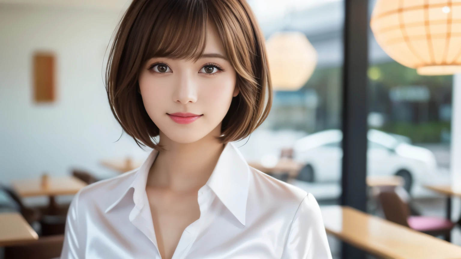 Product quality, Upper Body Shot, Front view, inside a stylish cafe, 1 girl, Young and beautiful Japan woman, Short Bob Hair, Very cute face, glamorous, I wear a satin silk white shirt with short sleeves and long sleeves with a collar, The cafe is full of smiles, glossy lips, Double eyelids on both eyes, Natural Makeup, Long eyelashes, Shiny and smooth light brown hair, Asymmetrical bangs, Sunburned skin, Center image, High resolution, Attention to detail, Detailed hairstyle, Detailed face, Cinema Lighting, Surreal, Perfect body,20-year-old