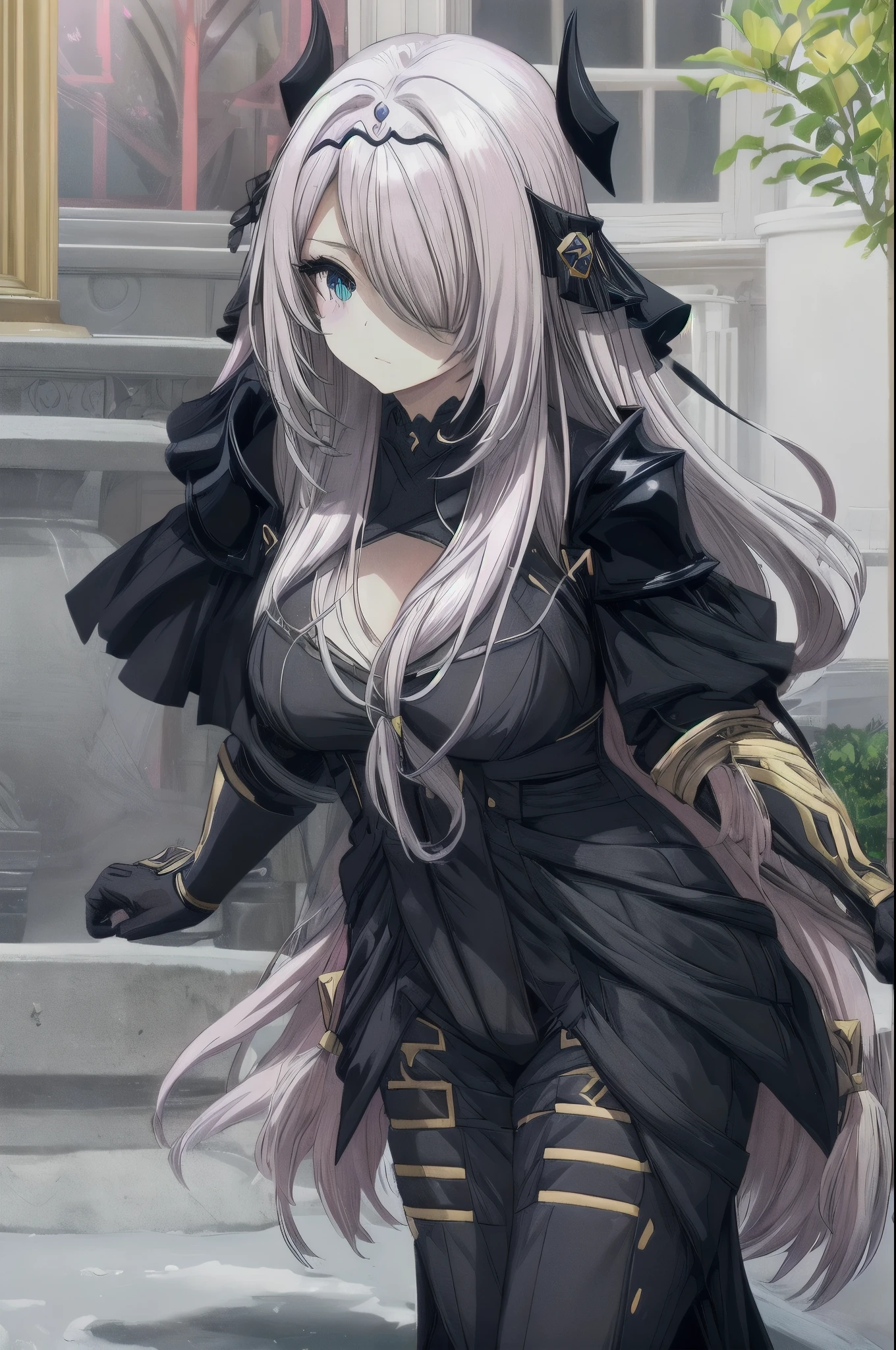 victoria
horns, tiara, veil, black bodysuit, shoulder armor, long sleeves, cleavage cutout, black gloves, black overskirt, black pants