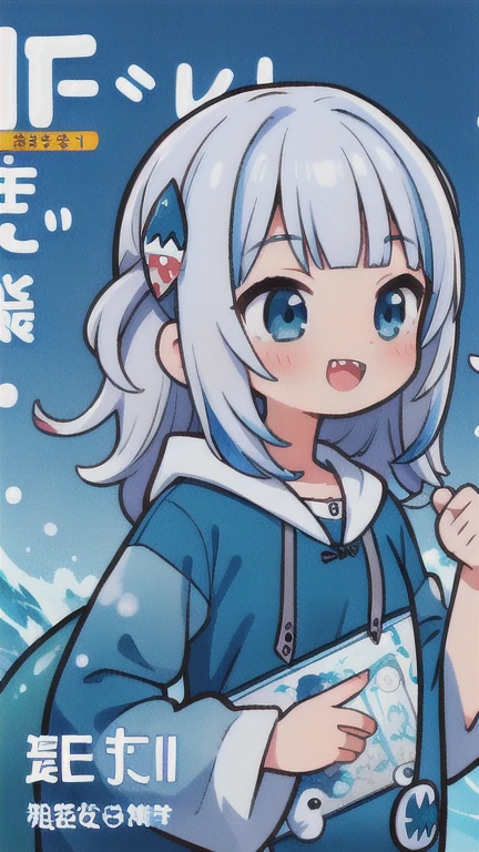 (masterpiece, highest quality), Intricate details, 8k, Art Station, wallpaper, Official Art, Splash Art, smile,
One girl, gawr mouth, Sharp teeth, shark tail, mouth_hoodie, blue hoodie, shark hair ornament, Face Focus, Blake excited, Happy,In the sea,((upper body:1.5)),((manga cover:1.5)),soro,(looking up),Landscape,