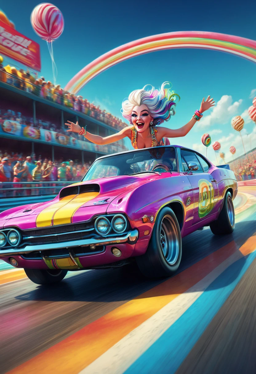 (Motion Blur:1.5), A happy granny in a vintage drag racing car speeding down the race track!. Fast and furious. A_breathtaking masterpiece artwork by Android Jones, Alberto Seveso, Erin Hanson. maximalist highly detailed and intricate professional photography, a_masterpiece, 8k resolution concept art, Artstation, festive colors, Unreal Engine 5, cgsociety octane photograph, race track Scene!!! Candy art style! Whimsical playful colorful! candy!!! 🍬🍭 Candyland art!! “Hyperrealistic hyperdetailed highly detailed, digital illustration” postmodernism, artstation, poster art, dynamic lighting, cel-shaded, ray tracing reflections