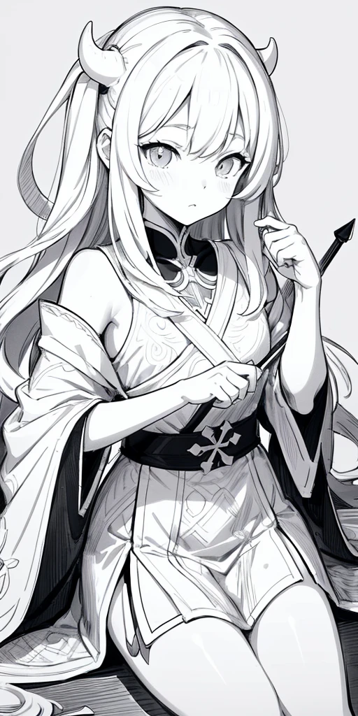 ((line art:black and white)),1girl, female focus, Nezuko, Demon slayer,lively, be familiar with,intricate details,draw with thick lines,clear,line drawing background, white background, monochrome, line drawing, ((sketch))