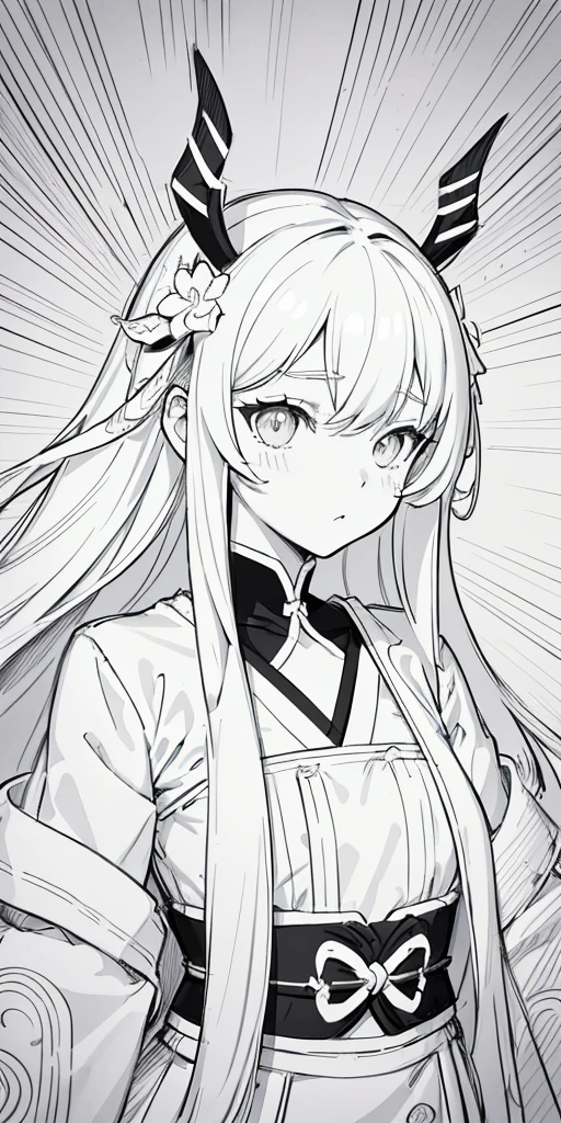 ((line art:black and white)),1girl, female focus, Nezuko, Demon slayer,lively, be familiar with,intricate details,draw with thick lines,clear,line drawing background, white background, monochrome, line drawing, ((sketch))
