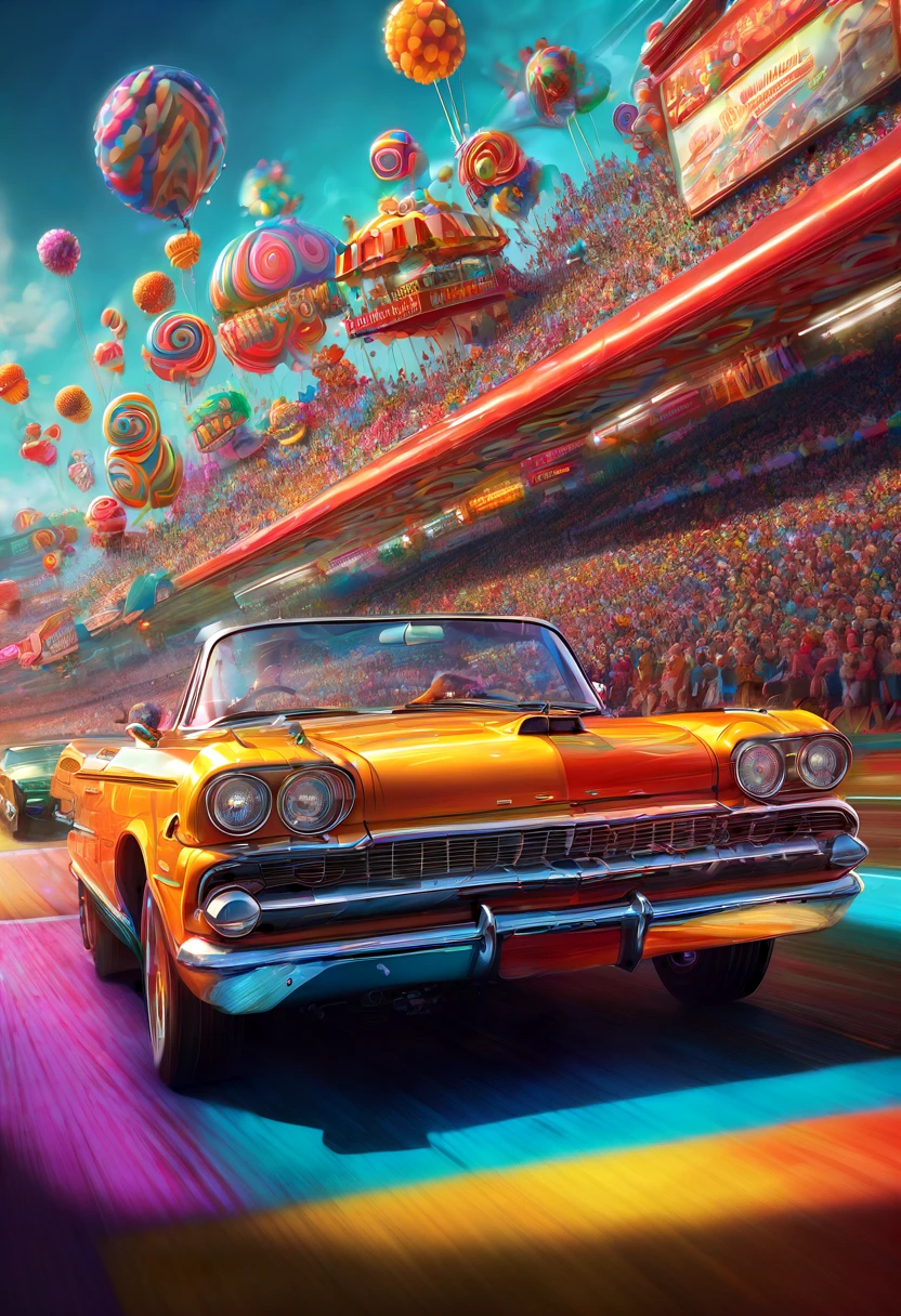 (Motion Blur:1.5), A happy granny in a vintage drag racing car speeding down the race track!. Fast and furious.  A_breathtaking masterpiece artwork by Android Jones, Alberto Seveso, Erin Hanson. maximalist highly detailed and intricate professional photography, a_masterpiece, 8k resolution concept art, Artstation, festive colors, Unreal Engine 5, cgsociety octane photograph, race track Scene!!! Candy art style! Whimsical playful colorful! candy!!! 🍬🍭 Candyland art!! “Hyperrealistic hyperdetailed highly detailed, digital illustration” postmodernism, artstation, poster art, dynamic lighting, cel-shaded, ray tracing reflections