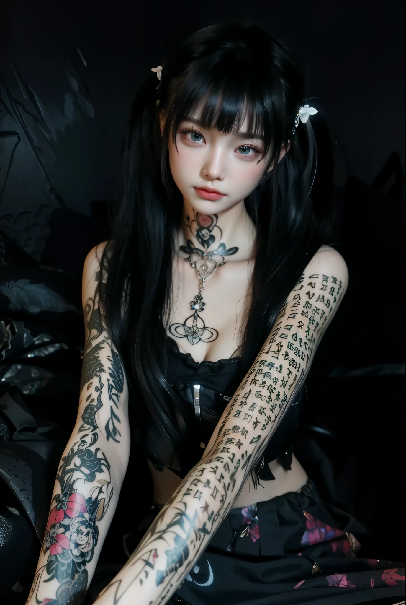 Game Art，Best image quality，Maximum resolution，8k，(A half-length photo)，(portrait)，(Head close-up)，(Rule of Thirds)，Unreal Engine 5 rendering works，20 year old girl，((Queen))，Eyes are very detailed，(Large Breasts)，Elegance and nobility，Movie Lighting，Ray Tracing，Game CG，((3D Unreal Engine))，OC rendering reflection pattern，4K，Ultra-clear，Translucent lace，Fair and plump figure，Pretty Face，Glossy Gel Coat，身着华贵礼服的Queen，Necklace jewelry，Dark blue pupils，Intricate tattoo designs，The tattoo is very delicate，