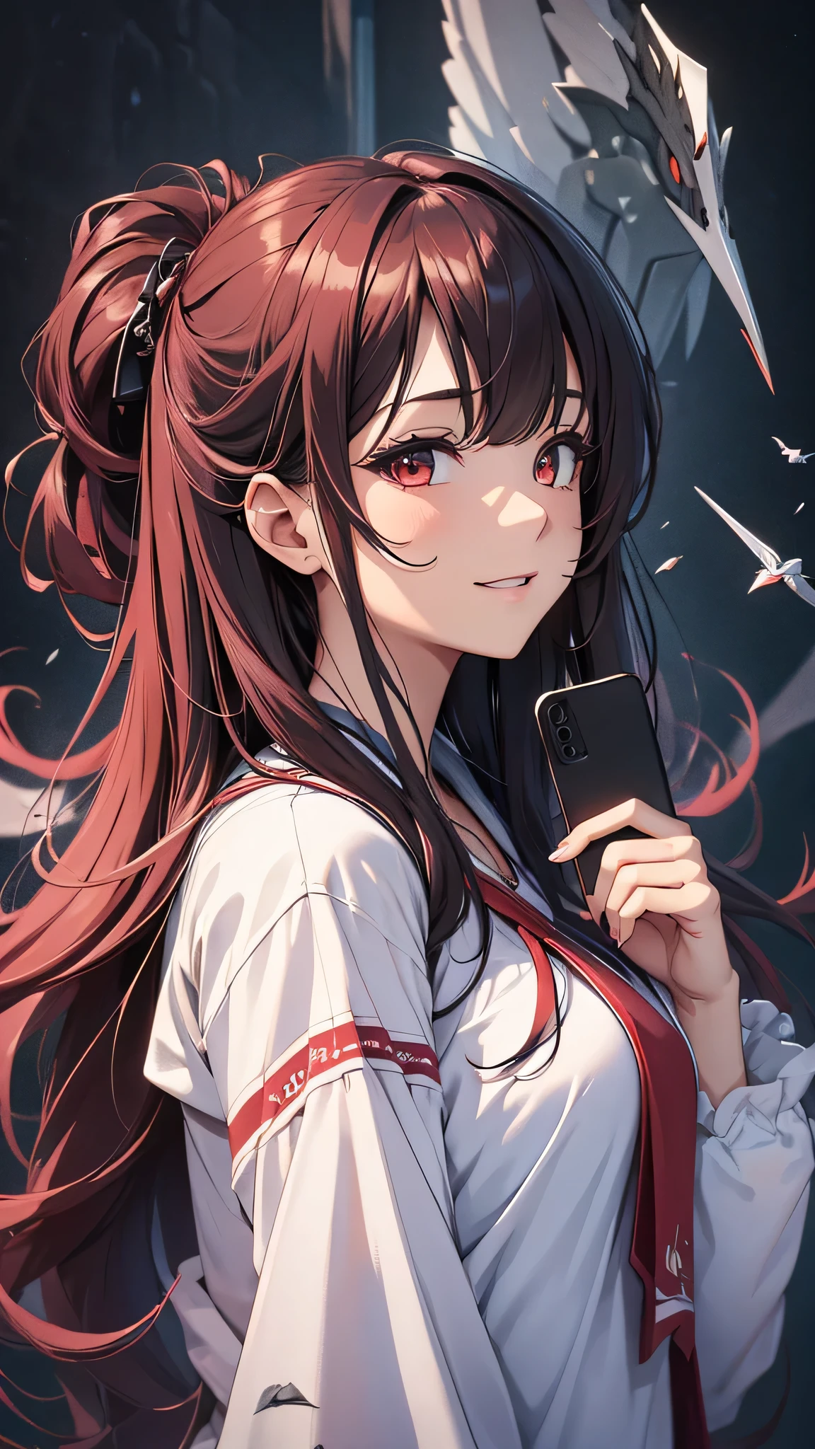 最high quality、Best image quality、masterpiece、girl((20-year-old、 By becoming、Best Bust、Medium Bust,Wide open breast tea、red glowing eyes, Black and red hair、Disheveled Hair、Long Hair、thin,The highest valley、white long shirt、Open chest、White wristband、smile、Leaning forward、hair ornaments、Side angle、Lointail、Looking at smartphone)),high quality、Beautiful art、background((Black Wall、art))、Flight、Flying debris、Written boundary depth、movie、visual art、Perfect art、8K,Genuine、