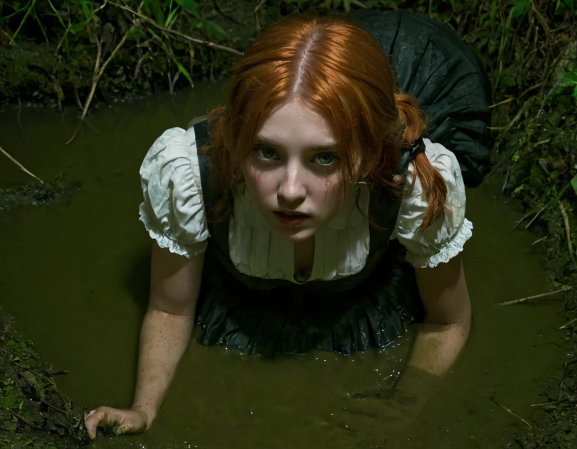 Hyper-realistic, ultradetailed, Raw, masterpiece. (a closeup portrait). A night in a dark forest. A young girl is depraved drowning in a quicksand sticky cement bog. The swamp sexually devours her body. ((on face: fright, perplexity)). skirt, stockings with garters, (blouse), shortness of breath, shameful, loses control of himself, ((Trapped in lust, worn out, defenseless)), Copper-red hair,