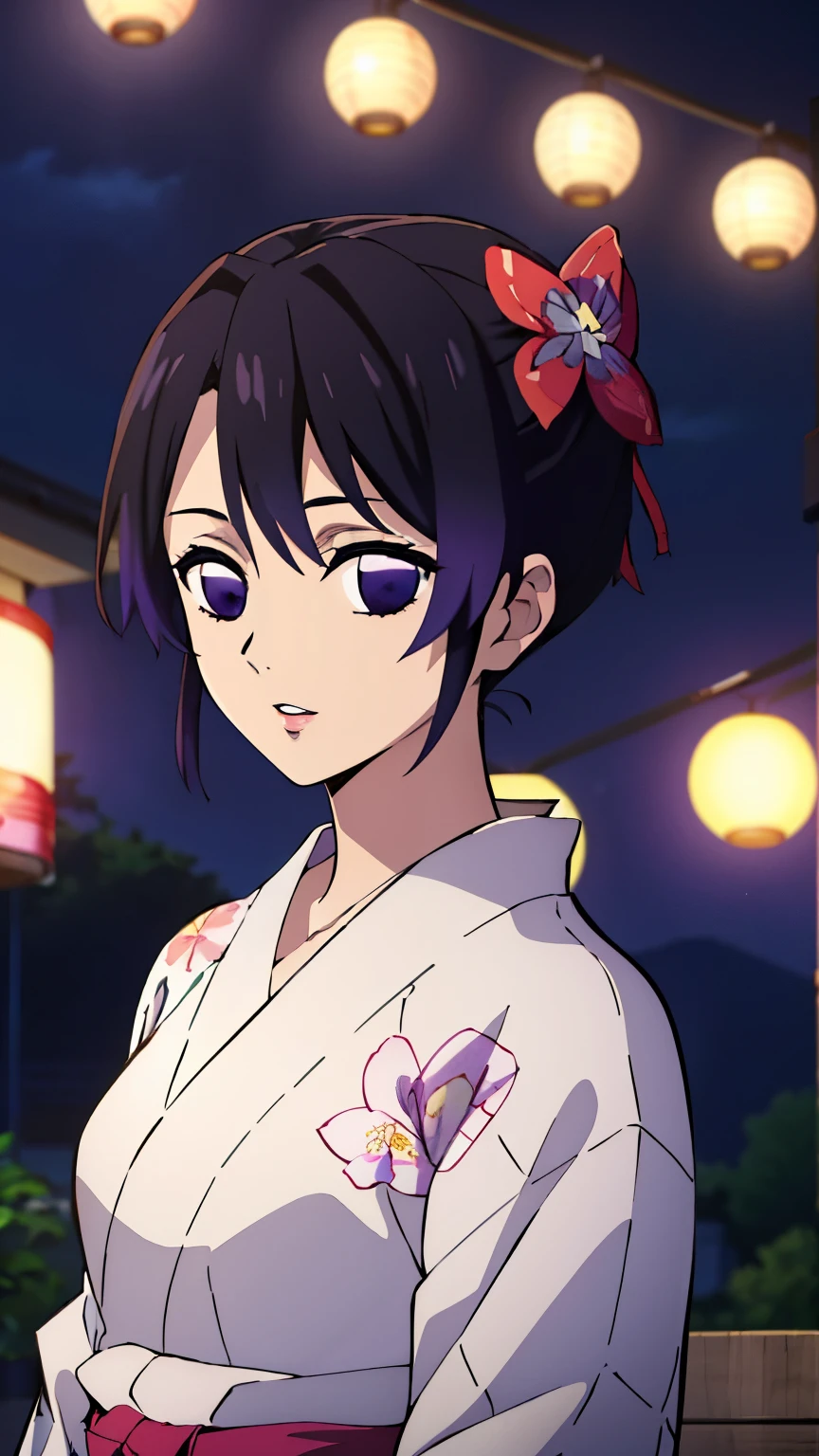 (Top Quality, 8K, High Resolution, Masterpiece: 1.2), Anime Art Style, Shinobu Kocho, 1 Girl, Perfect Face, Perfect Eyes, Soft Expression, Medium Breasts, Purple Hair, Natural Lips, Medium Hair , bangs, purple eyes, ((floral yukata, flower hair ornament, summer festival, night, upper body)), viewer appreciation,