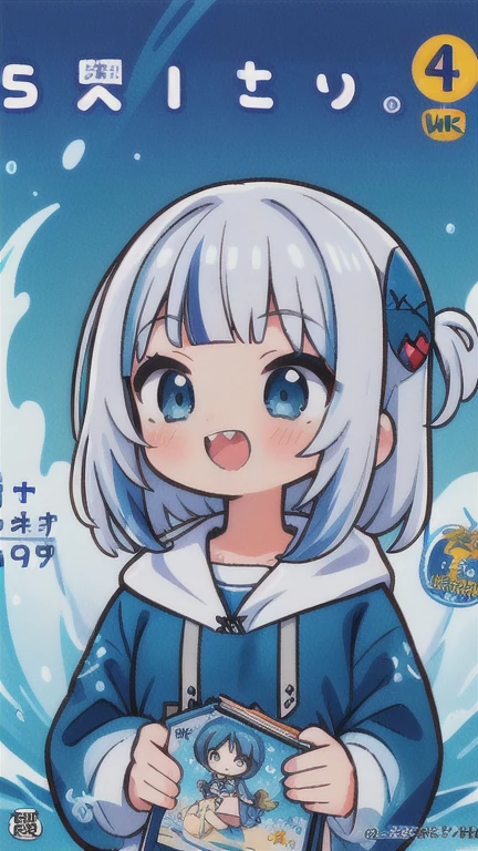 (masterpiece, highest quality),  Intricate details, 8k, Art Station, wallpaper, Official Art, Splash Art, smile,
 One girl,  gawr mouth, Sharp teeth, shark tail, mouth_hoodie, blue hoodie, shark hair ornament,  Face Focus,  Blake excited, Happy,In the sea,((upper body:1.5)),((manga cover:1.5)),soro,(looking up),Landscape,