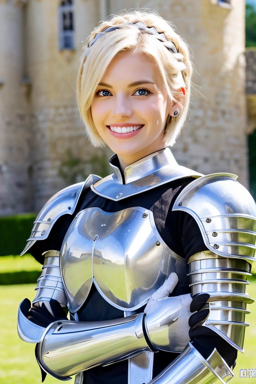 ８Ｋ、highest quality、female knight、Luxurious Silver Armor、、hairstyle short cut、smile、Beautiful Teeth、Full body photo、ear piercing、blonde、White woman、blue eyes、Heavy makeup、The background is inside the castle

