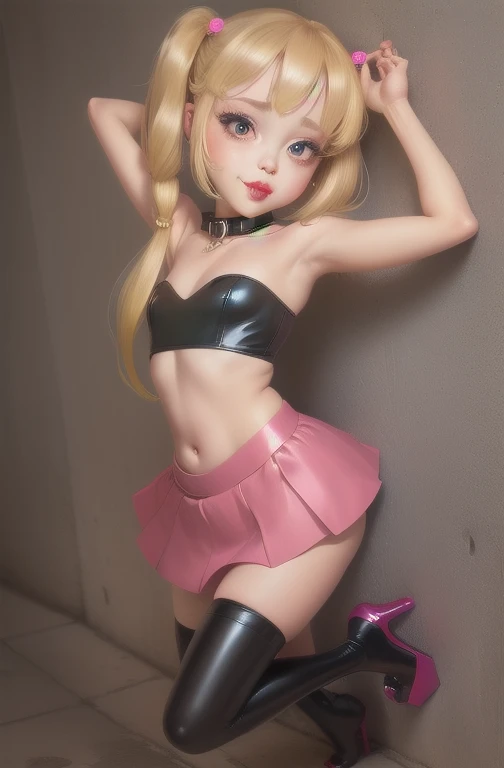 1girl,solo,(shiny clothes),(pink strapless),tight dress, midriff,pencil skirt,highleg,green skirt, twintails, (li:1.8),eyelashes, (makeup:1.4),(lipstick:1.4), (night:1.3), flat chest, pink eyes, blonde hair, smirk, alley,against wall, partially visible vulva, navel, legs apart, cleft of venus,shoulder bag, high heels, animal collar, facing viewer,