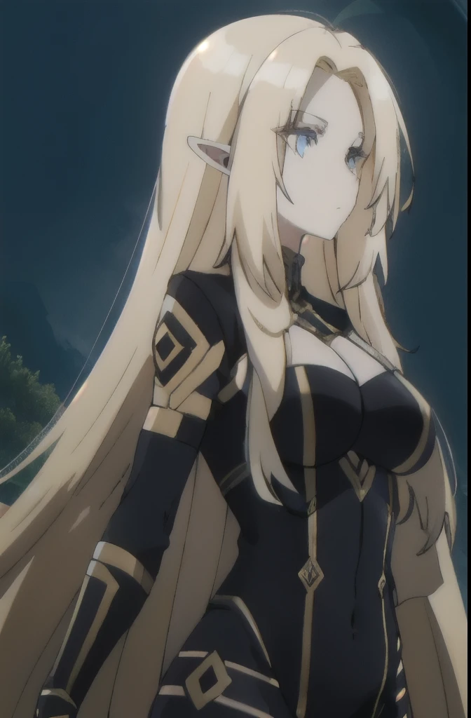 1 girl, golden hair, elf, white skin, in a black slime suit, at night, with a full moon, with a sword, beautiful, majestic, 4k, good body