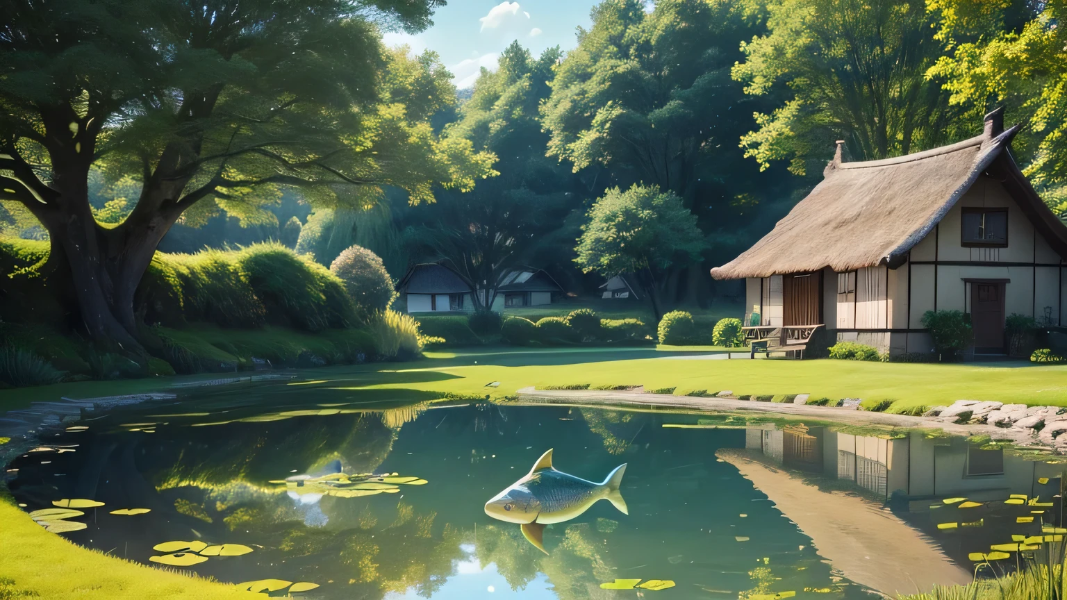(There is a big fish in the pond，Jumped out of the water，Exaggeratedly large:1.2)，There is a small thatched house not far away.