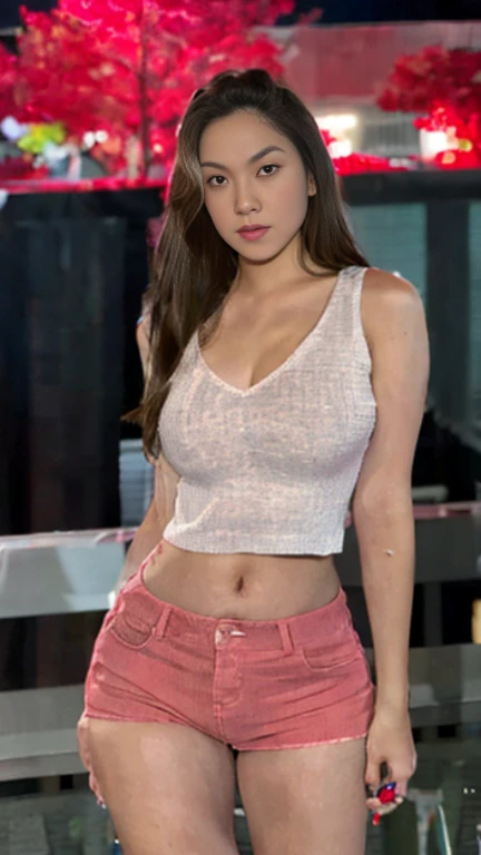 portrait full body of a beautiful blonde girl 20 years old in a skimpy top and jeans stand up in the street super detailed anatomic correct lookin to camera in 4k