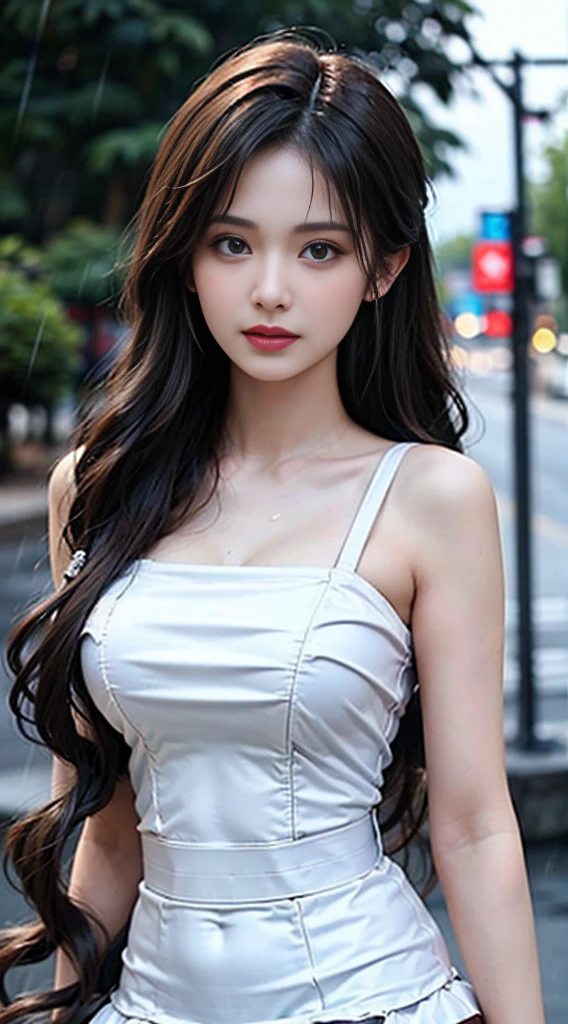 ((best quality, 8k, masterpiece:1.3)), Key Points:1.2, Perfect body beauty:1.4, Hips:1.2, ((Layered Hairstyle, breast:1.2)), (Wet clothes:1.1) , (rain, street:1.3), Bandeau dress: 1.1, Highly detailed face and skin texture, Beautiful eyes, Double eyelids, Whitens skin, Long hair, (shut up: 1.3)