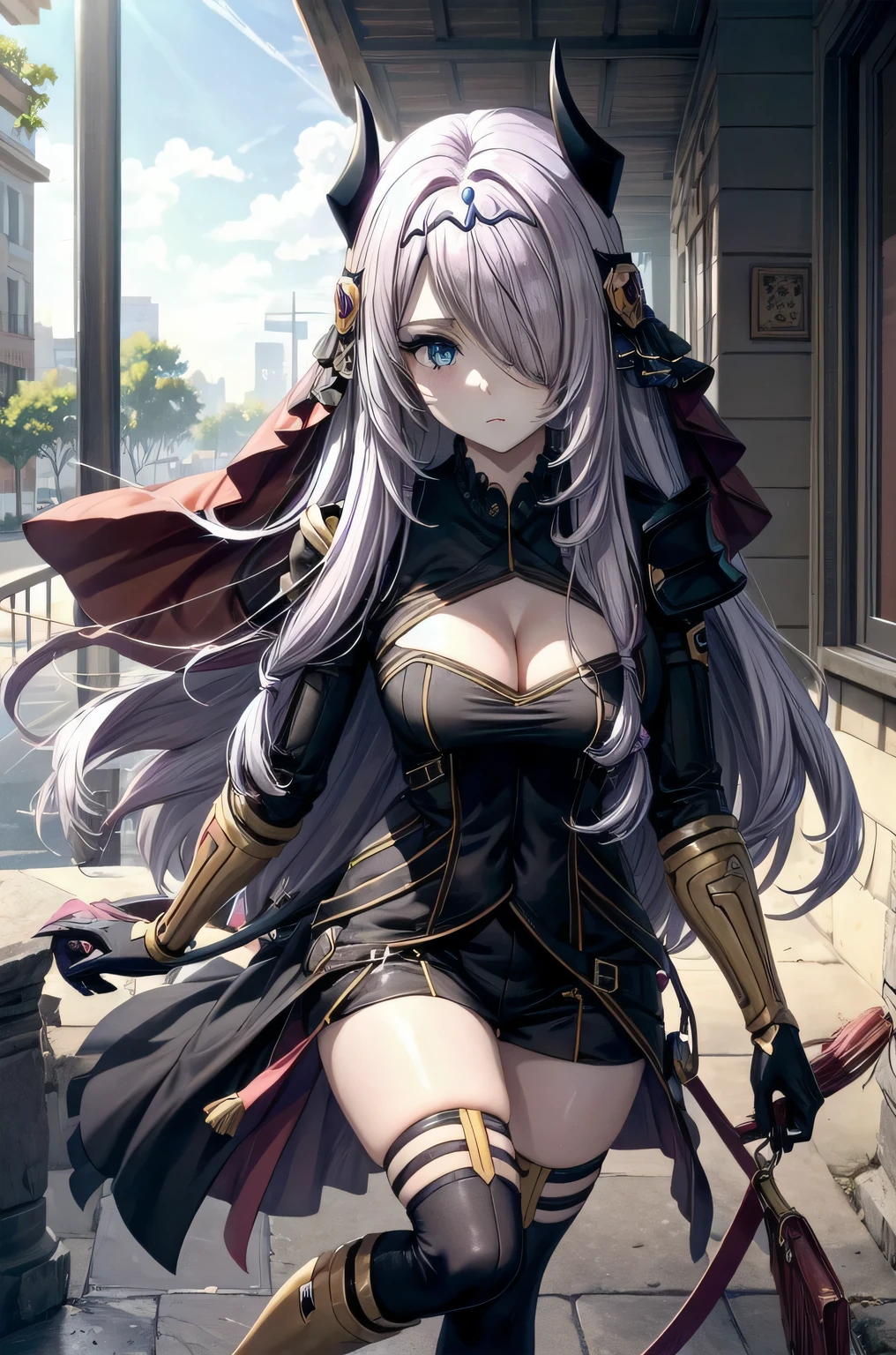 victoria
horns, tiara, veil, black bodysuit, shoulder armor, long sleeves, cleavage cutout, black gloves, black overskirt, black pants