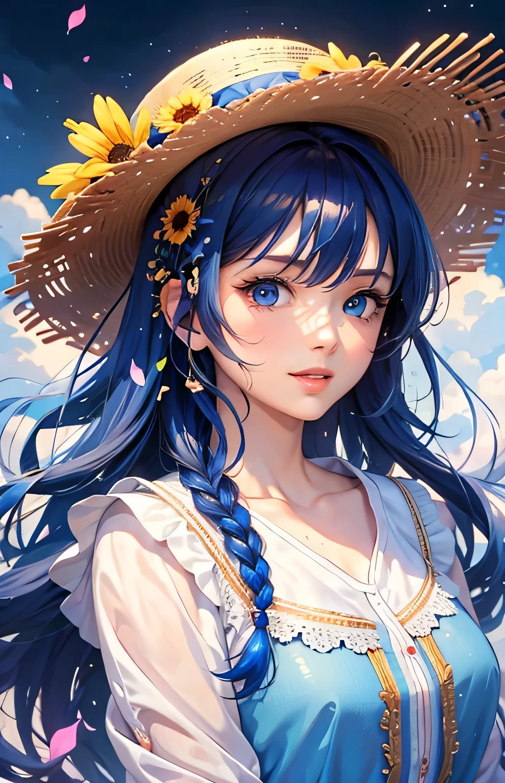 masterpiece、highest quality、High resolution、High-quality images、8k, 1 female、Skin Radiance、Texture of skin and clothing、Expression of fine eyes、shiny light brown hair,Girl with long braided hair, Manga inspired by Lee Jong-suk, Trending on deviantart, realism, detailed manga style, Manga art style, Perfect Line Drawing, Beautiful line art, digital manga art girl, K-POPアイドル, Center of chest,Beautiful light blue eyes, Lips become thicker, Gorgeous face with attention to detail, (Cute Smile), charm, Innocent, Side view, (Perfectly detailed face), (Beautiful Hands) photorealistic images, Written boundary depth, Princess Hairstyles, sunflower， Straw hat,camisole, Lightweight cardigan , mini skirt , Amazing ocean，Beautiful sea，Romanticism,