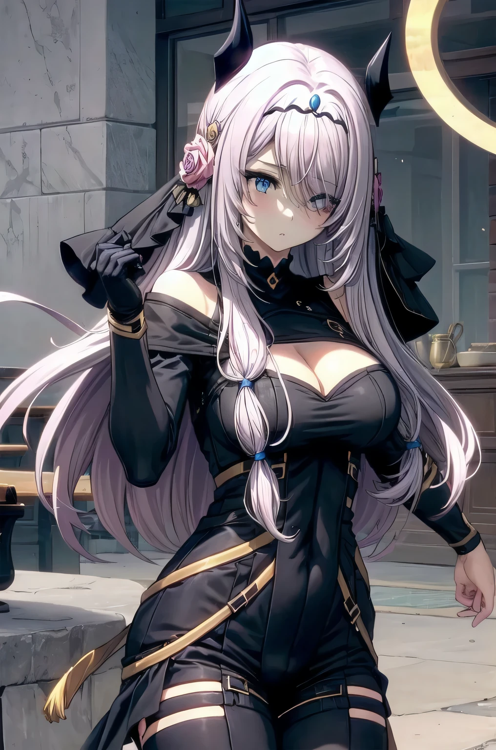 victoria
horns, tiara, veil, black bodysuit, shoulder armor, long sleeves, cleavage cutout, black gloves, black overskirt, black pants