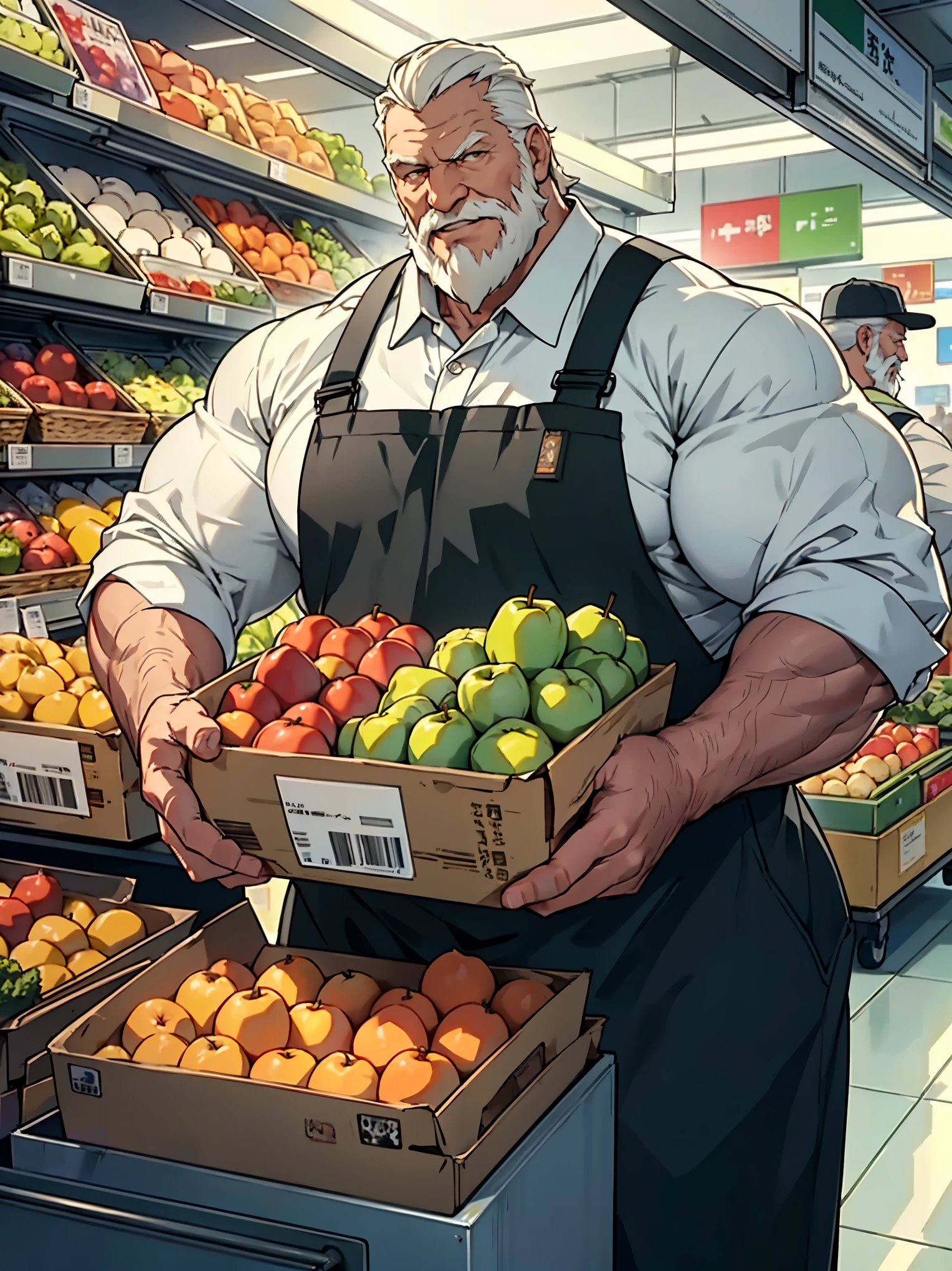 (best quality,4k,8k,highres,masterpiece:1.2),ultra-detailed,(realistic,photorealistic,photo-realistic:1.37),huge muscular old man working as cashier,old,white beard,short hair,detailed wrinkled skin,imposing presence,strong arms,serious expression,friendly smile,professional attire,brightly lit store,modern cash register,shelves full of products,colorful packaging lines the walls,crisp and clean uniform,well-maintained counter,organized display of fruits and vegetables,customers waiting in line patiently,he assists them with efficiency and kindness,well-stocked shelves with a variety of products,neatly arranged shopping baskets and carts,large windows showcase a bustling street outside,vivid colors,pop art style,soft warm color tone,ample natural light,clean and bright environment