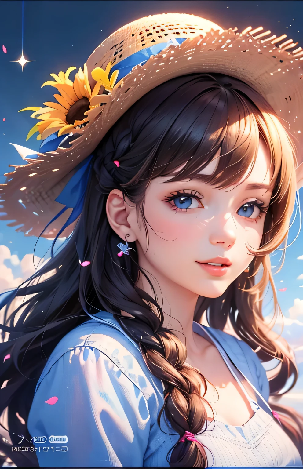 masterpiece、highest quality、High resolution、High-quality images、8k, 1 female、Skin Radiance、Texture of skin and clothing、Expression of fine eyes、shiny light brown hair,Girl with long braided hair, Manga inspired by Lee Jong-suk, Trending on deviantart, realism, detailed manga style, Manga art style, Perfect Line Drawing, Beautiful line art, digital manga art girl, K-POPアイドル, Center of chest,Beautiful light blue eyes, Lips become thicker, Gorgeous face with attention to detail, (Cute Smile), charm, Innocent, Side view, (Perfectly detailed face), (Beautiful Hands) photorealistic images, Written boundary depth, Princess Hairstyles, sunflower, Straw hat,camisole, Lightweight cardigan , mini skirt , Amazing ocean,Beautiful sea,Romanticism,