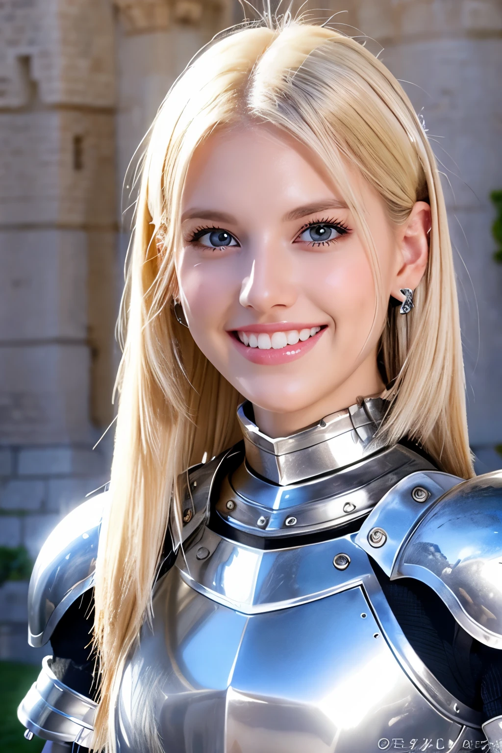 ８Ｋ、highest quality、female knight、Luxurious Silver Armor、、hairstyle short cut、smile、Beautiful Teeth、Full body photo、ear piercing、blonde、White woman、blue eyes、Heavy makeup、The background is inside the castle

