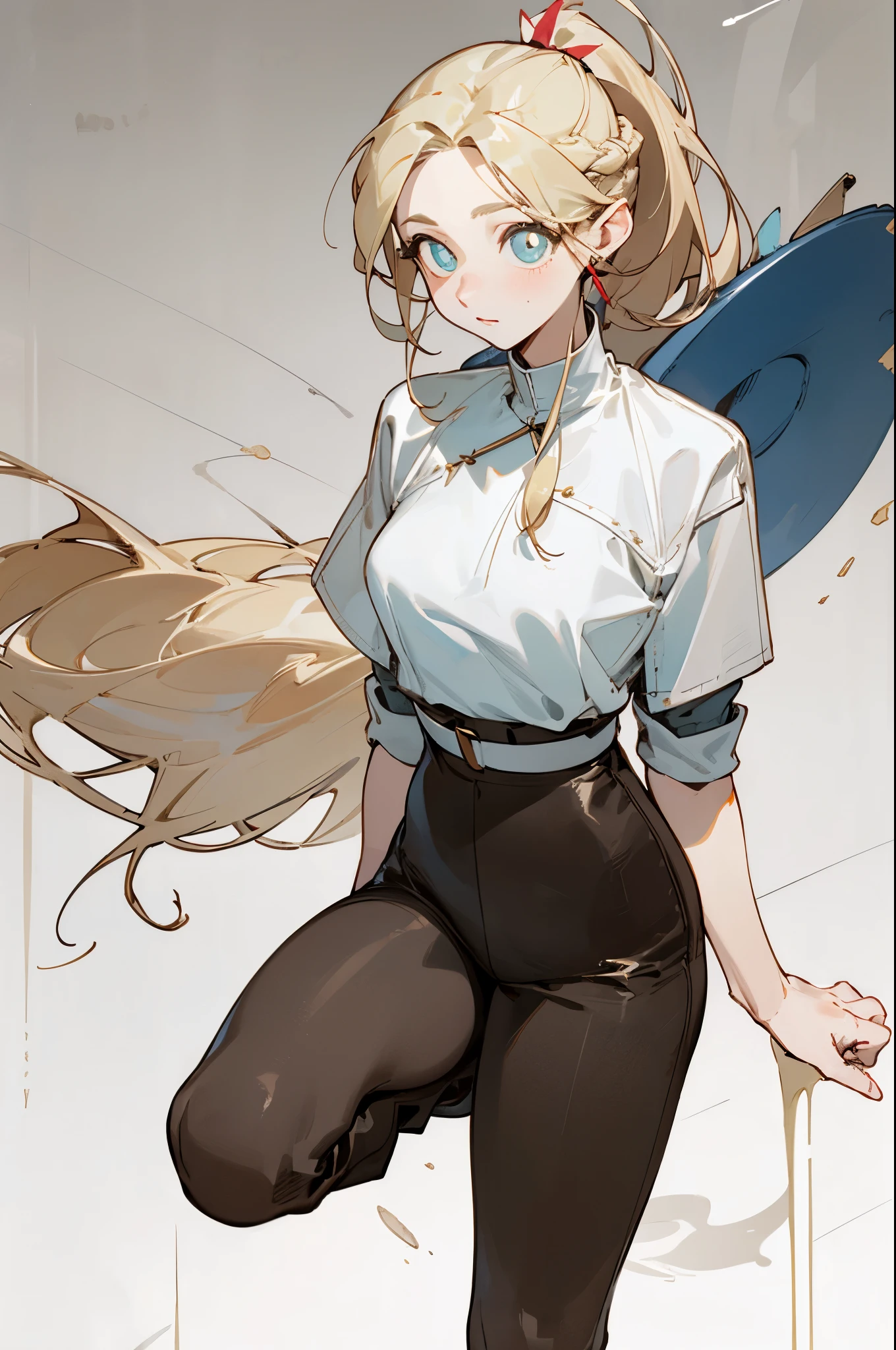 Pantyhose，Tight leather pants，White top，boots， Fashion Clothing，Long blond hair，Single ponytail，high ponytail， bust and waist，Beautiful blonde，（masterpiece），（（best quality）），（Ultra Detailed），（beautiful eyes beautiful details eyes，Clean and delicate face）