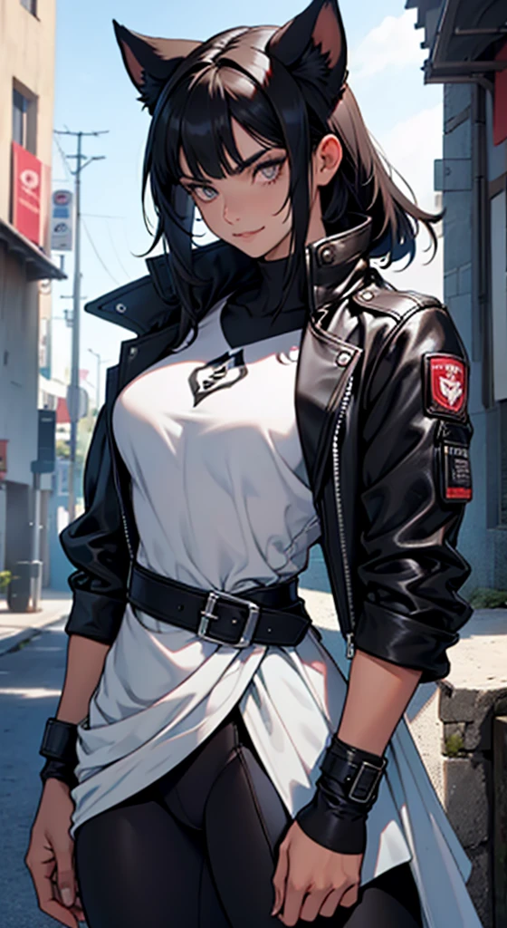 beautiful young female warrior fighter with cat ears on her head, com rosto bem detalhado e bonito, belos olhos, belos olhos, rosto lindo, beautiful young woman wearing long black leggings with black details, mini saia curta, usando jaqueta de couro preta, standing in a castle, usando bota preta, cabelo comprido com franja preto, ,orelhas de gato, belo sorriso, tomboy, um pouco musculosa,suter branco com cinta em volta, olhar serio,usando jaqueta de couro preto, com ombreiras de prata nos ombros, leather jacket