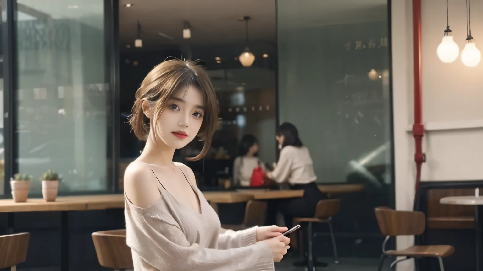 Beautiful woman、Shot in a fashionable café,Beauty Salon Model, Haircut Model,Hair salon model, Stylish and chic cafe,Tight knit dress