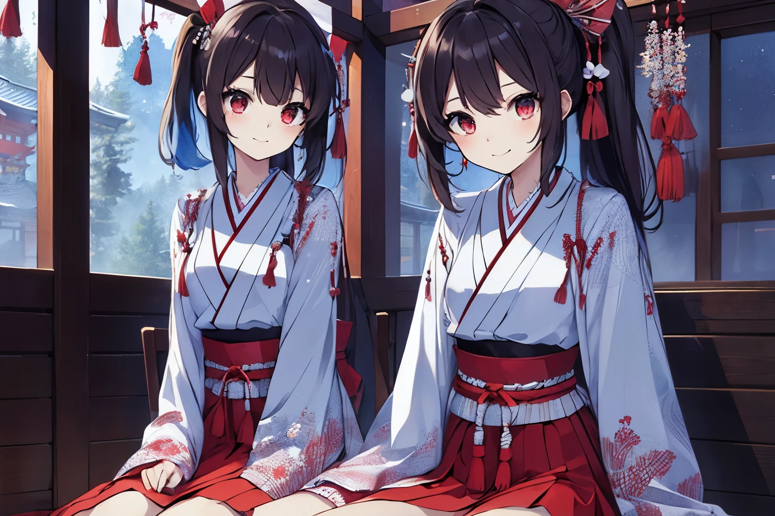 Sisters, Whistle、Shrine maiden、Traditional Dance,Red ribbon, avert your eyes,Sit down,Embarrassing,Blushing,nsfw