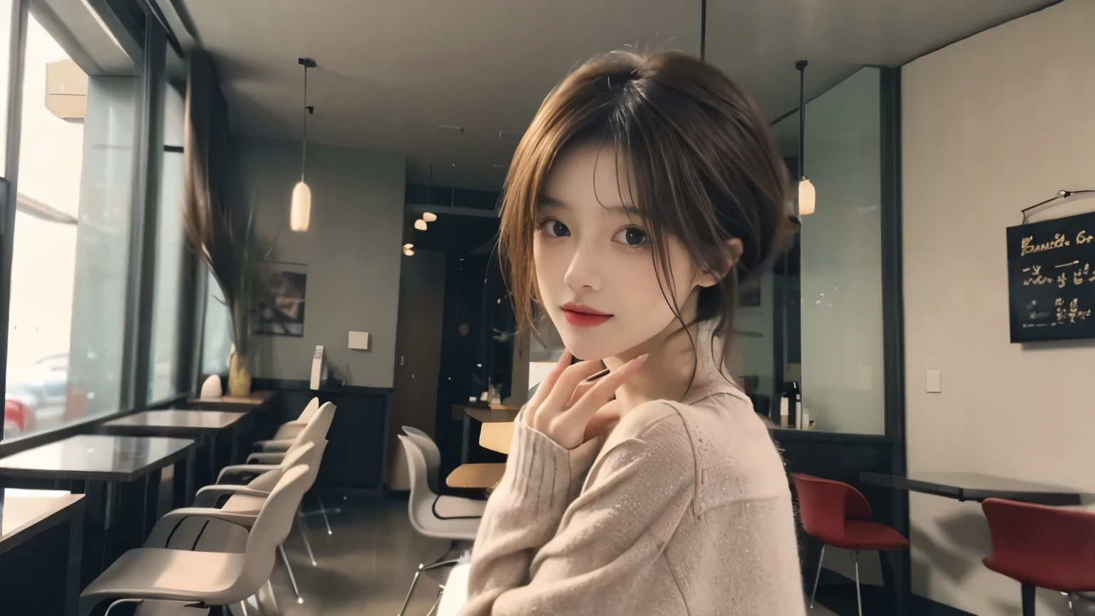 Beautiful woman、Shot in a fashionable café,Beauty Salon Model, Haircut Model,Hair salon model, Stylish and chic cafe,Tight knit dress