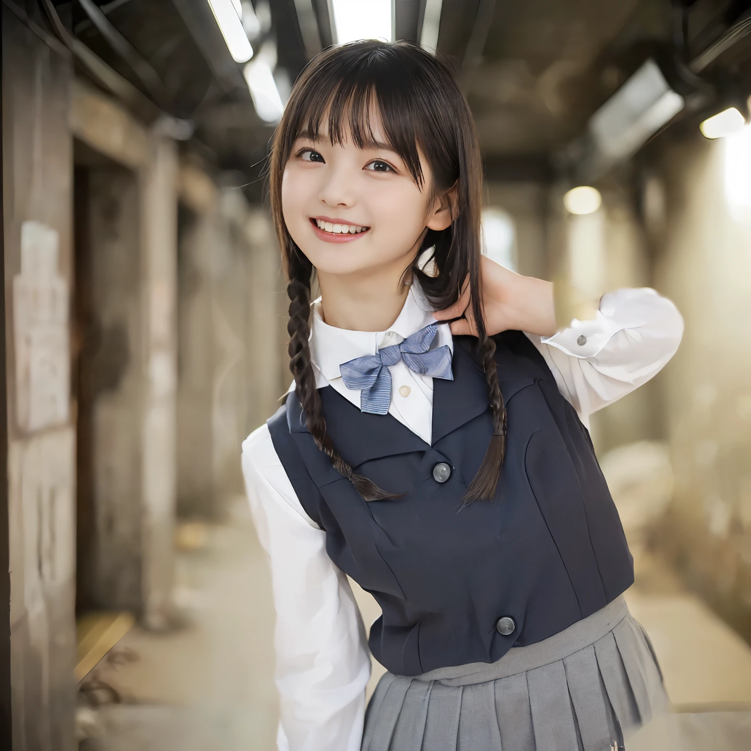 (highest quality、masterpiece:1.2)、highest quality、Realistic、photograph、High resolution、1080p、8K、Fair skin, especially face, Physical Rendering、((Height: 155cm)), one Japanese girl、(((((( beautiful Japanese fashion model)))))), school summer uniform, ((((A beautiful girl in a deep window turns to the side and looks at the viewer)))), (((big very detailed beautiful dark brown eyes))), ((((impressive plain navy large school ribbon bow tie)))), ((((((black very beautiful and very very long braids)))))), ((((cute gray box-pleated skirt)))), (((((A gray school vest))))), ((ivory blouse with puffed short sleeves)), (((((((laughing at me!))))))), Mouth open, detailed fingers, ((curled bangs)), ((Very large and very very very cute eyes of a Japanese girl, drawn with great care and attention to detail.)), double eyelids, Thin eyebrows, ((drooping eyes)), (((very long eyelashes))), ((cute lovely lovely laughing laughing cheeks)), ((Pure white light hits her face from above and in the front, making her skin and eyes shine beautifully.)), ((Strong light hits the nose and cheeks、It brings out the richness of the expression.)), (((((Her facial features are very expressive lovely smile, very very pure, very very intelligent.))))), ((((On the bed)))), (((Shooting from the side)))