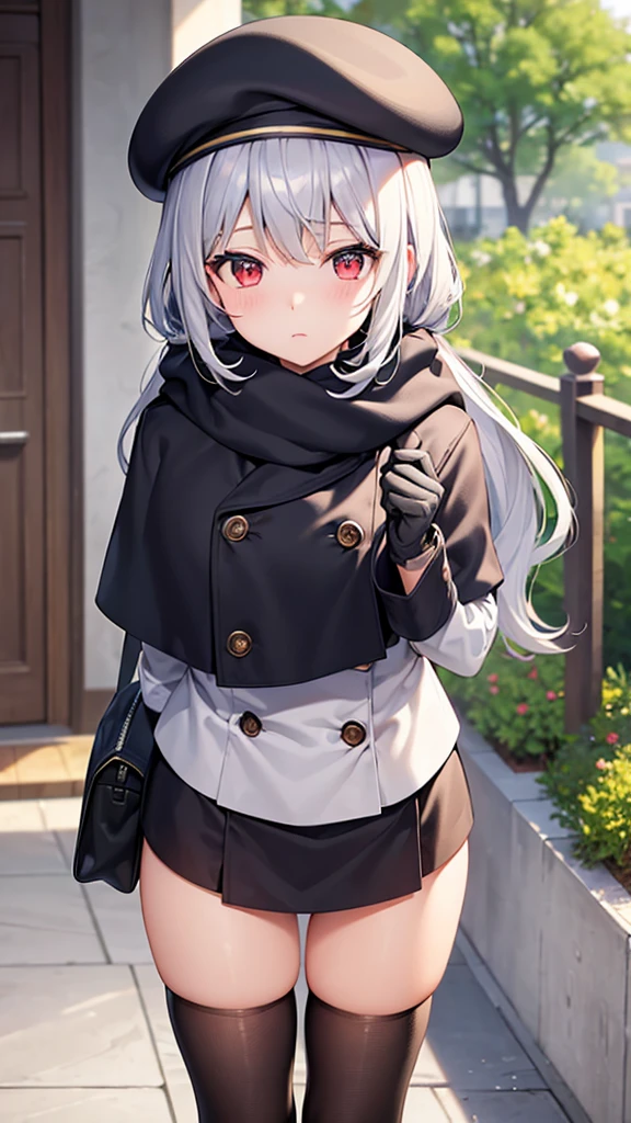 (masterpiece, highest quality), High resolution, Detailed face:1.2, anime(1.2), bird&#39;s eye view, 14 years old, Second dimension beautiful girl, Sharpness, 4K, One girl standing, White skin, cute, Red Eyes, Small breasts, , Confused eyes, Looking up, White Breath, cold, Innocent eyes, Expressionless, Large beret, Sailor suit, Poncho coat, Scarf, woolen gloves, Bag on your back, full bang, Gray Hair, Thighs, Ultra mini skirt, Black thigh-high socks, winter, Outdoor