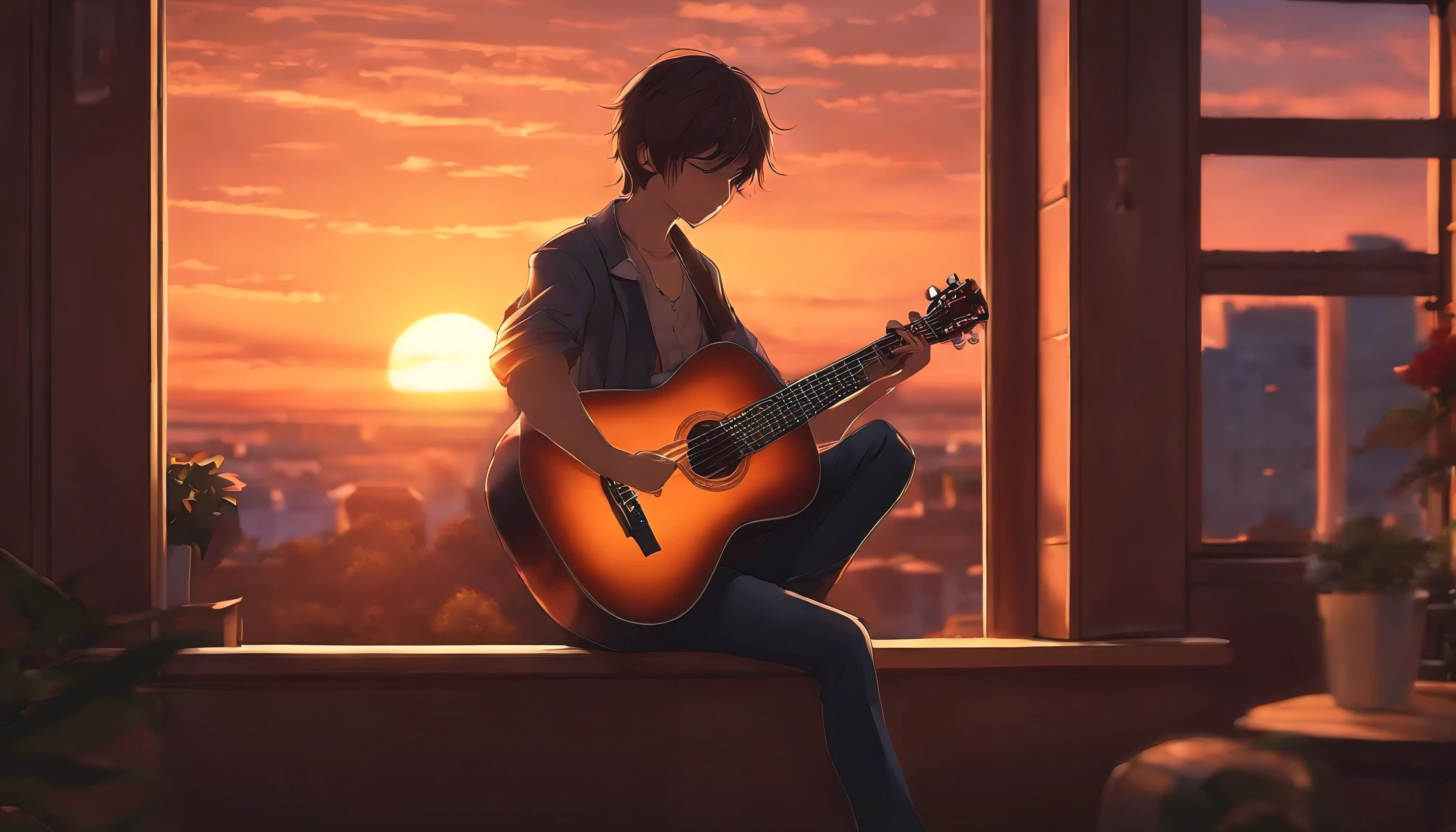 Anime boy sitting on the shelf and playing guitar at sunset, Anime Art Wallpapers 8K, anime art wallpaper 4k, anime art wallpaper 4k, 4k anime style, 4k anime wallpaper, 4k anime wallpaper, 4k anime wallpaper, Wallpaper Manga 4K Wallpaper, Makoto Shinkai Cirilo Rolando, Girl playing guitar,  praise