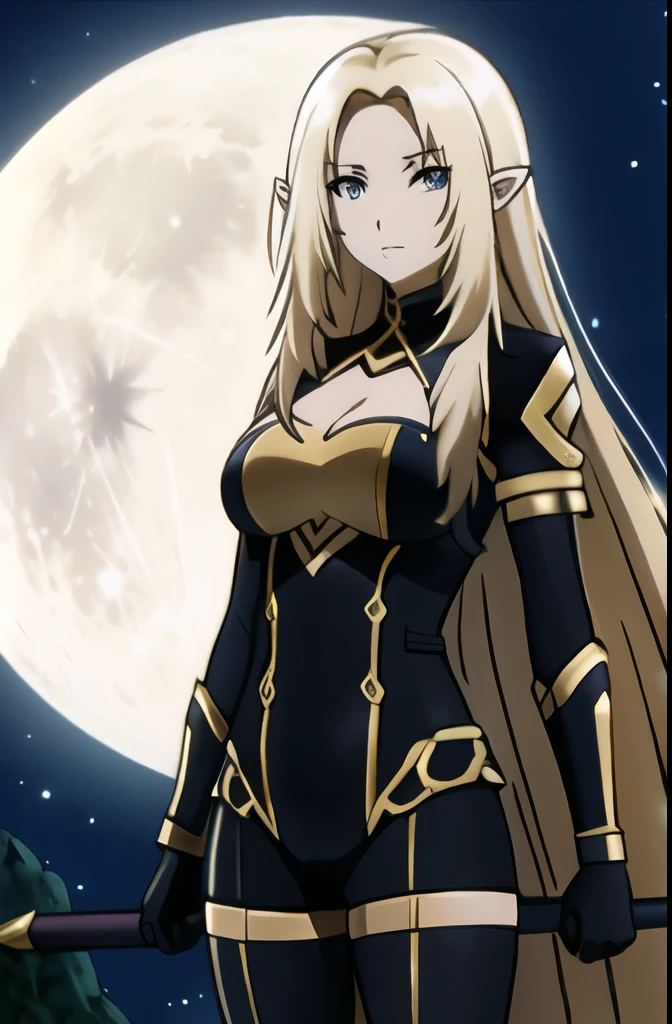 1 girl, golden hair, elf, in a black slime suit, at night, with a full moon, with a sword, beautiful, majestic, 4k, good body, happy