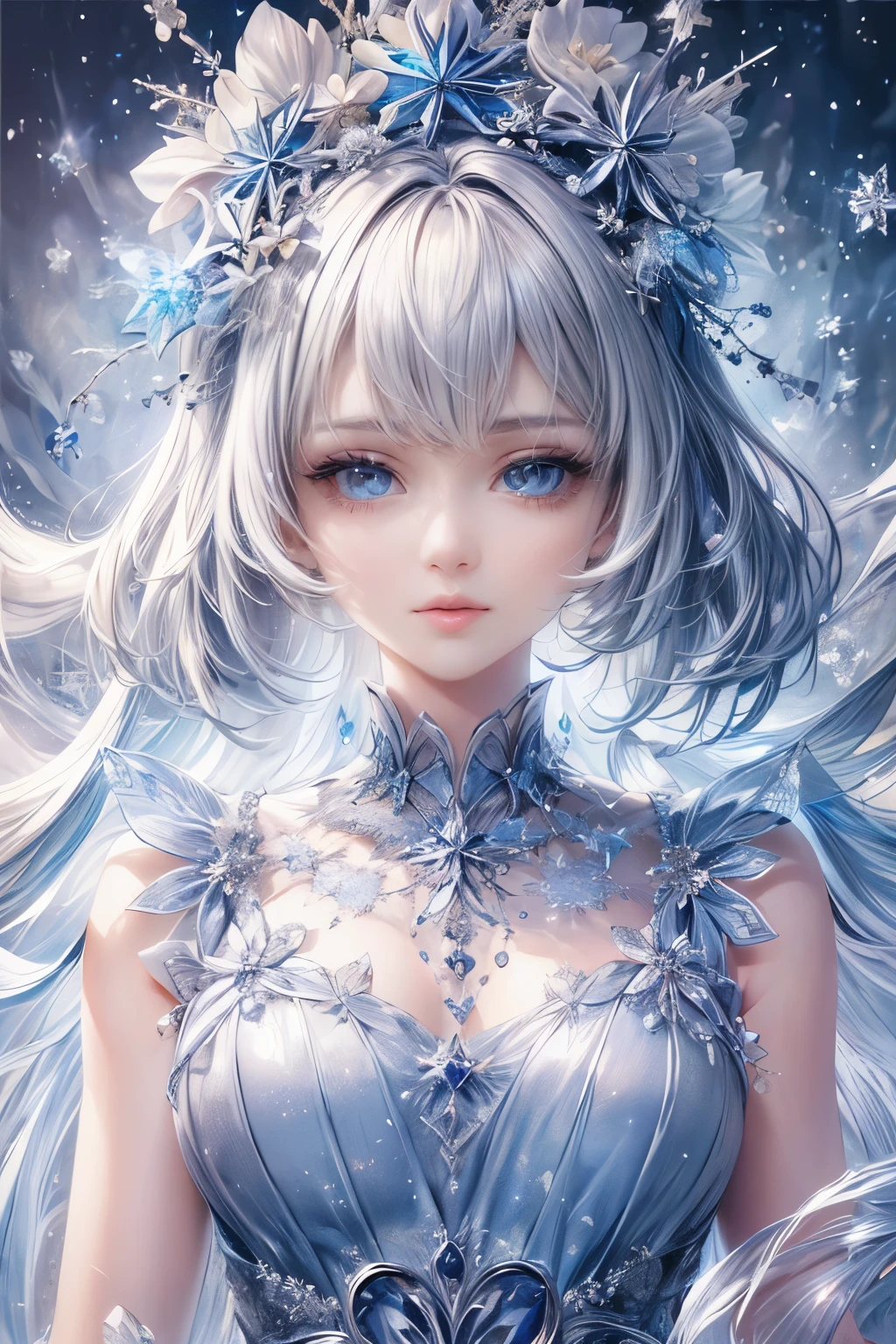 (highest quality:1.4), (masterpiece:1.4), Ultra-high resolution, 8k, CG, Exquisite, Upper Body,  blue taffeta coat dress, Snowflake background, Detailed facial features, Silver grey hair, Almond-shaped eyes, Complex eye makeup, Long eyelashes, Grey eyes with a starry gaze, Intricate lip detail, Soft and harmonious style、cute、sexy、