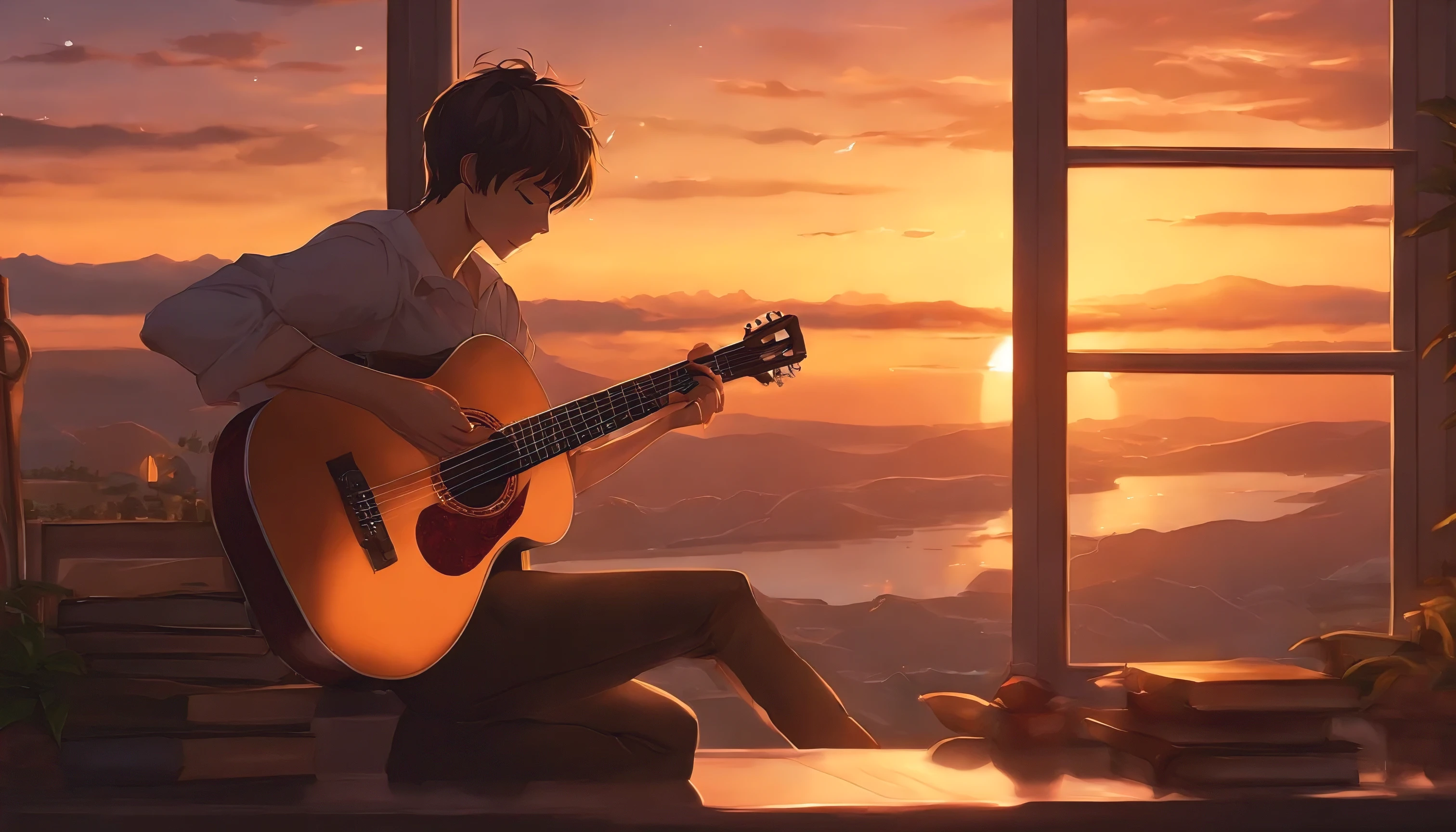 Anime boy sitting on the shelf and playing guitar at sunset, Anime Art Wallpapers 8K, anime art wallpaper 4k, anime art wallpaper 4k, 4k anime style, 4k anime wallpaper, 4k anime wallpaper, 4k anime wallpaper, Wallpaper Manga 4K Wallpaper, Makoto Shinkai Cirilo Rolando, Girl playing guitar,  praise