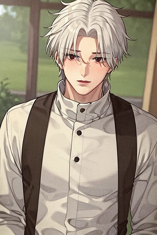 A young white haired handsome man with red eyes in a magic uniform is blushing in a grove of magical trees