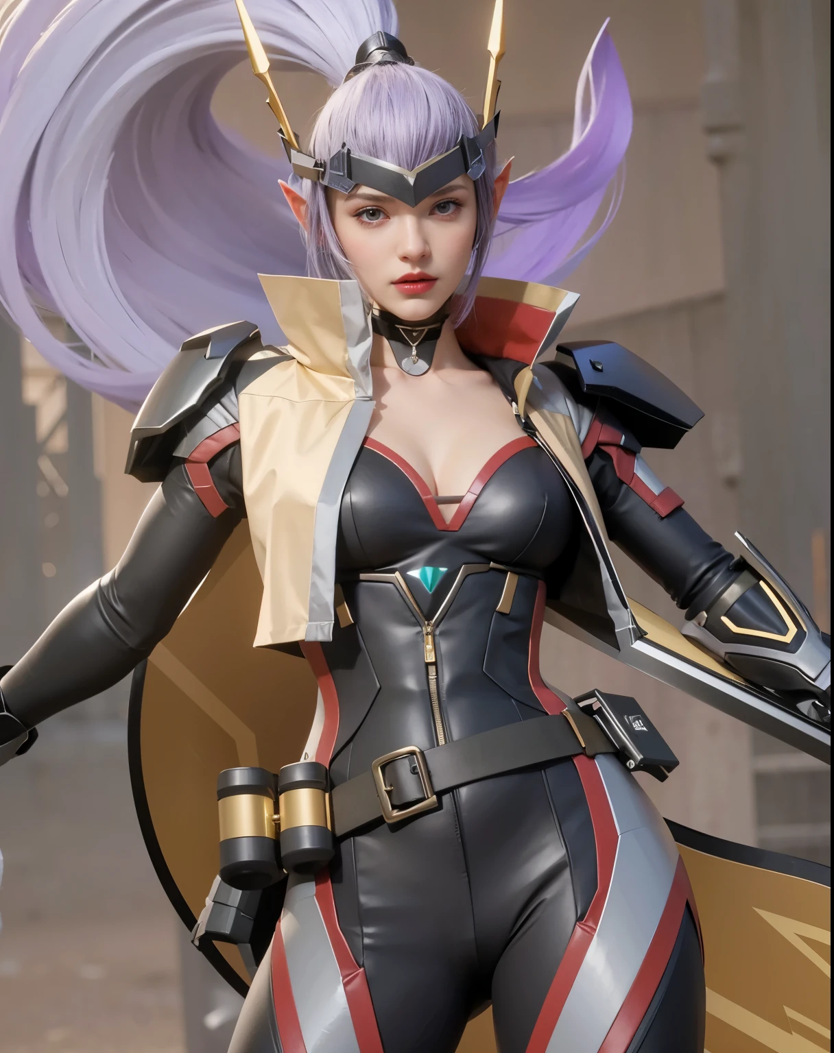 (female:1.2), 8k, ultra hd, ultra detailed texture, hyper realistic, masterpiece, detailed texture, detailed face, detailed skin, detailed lighting, (photorealistic:1.5), best quality, beautiful lighting, cinematic lighting, professional lighting, ultra highres, realistic, detailed hair, real hair, high quality, (realskin:1.5), extremely detailed, finely detail, ultra-detailed, 1girl, solo,purple hair, dark purple armor,yellow eyes ,red lips,elf