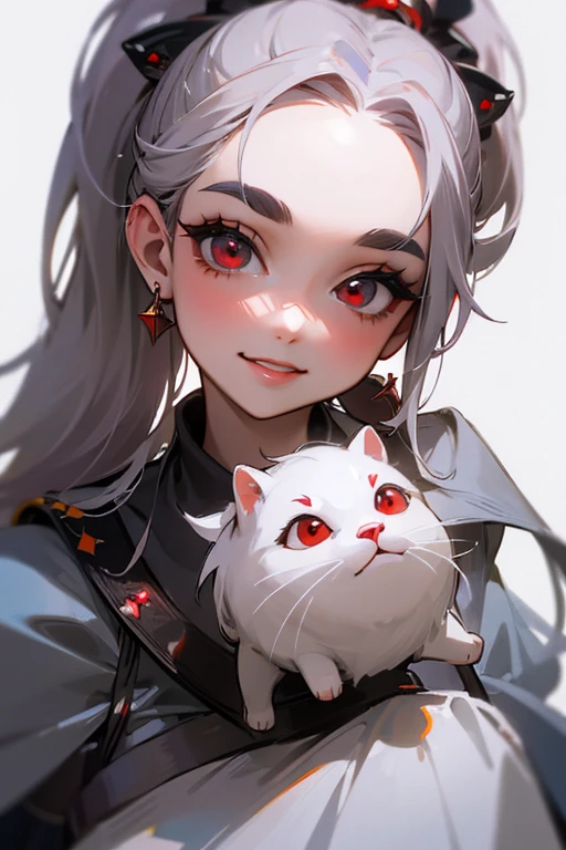 (highest quality, masterpiece:1.2), High resolution, Very detailed, Realistic:1.37, Fantasy, An illustration,Gray Hair、 Red eyes、Queen, White Dress、Platinum decoration、beautifully、Eyeshadow Red、Thick eyebrows、Long eyelashes、pupils are black、shiny on the lips、Top Sites、Queen、Princess、ponytail、A kind smile、Show your teeth a little and smile、Soft look、people々々Loved by、